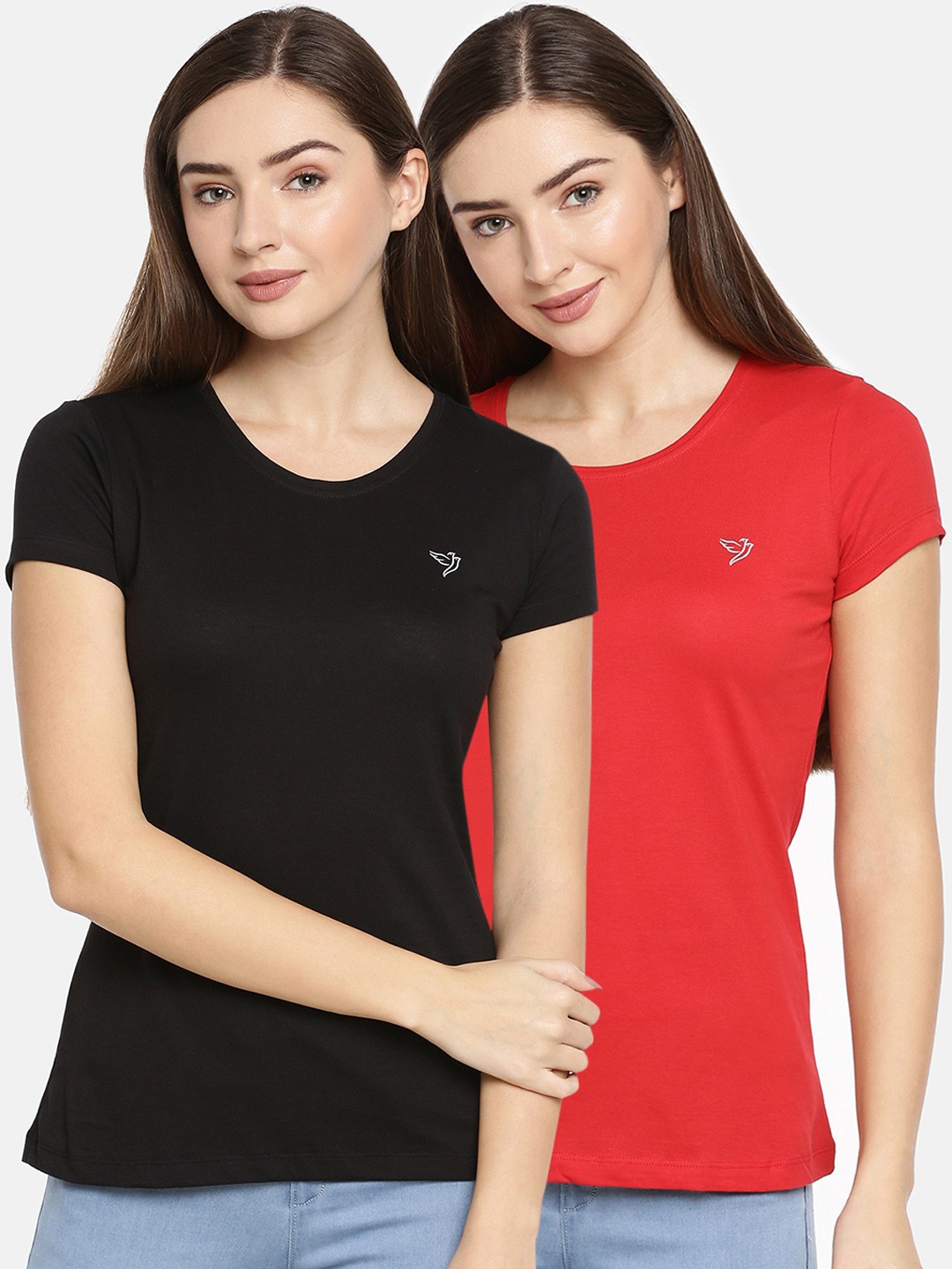 

TWIN BIRDS Women Pack Of 2 Solid Round Neck Pure Cotton T-shirt, Black
