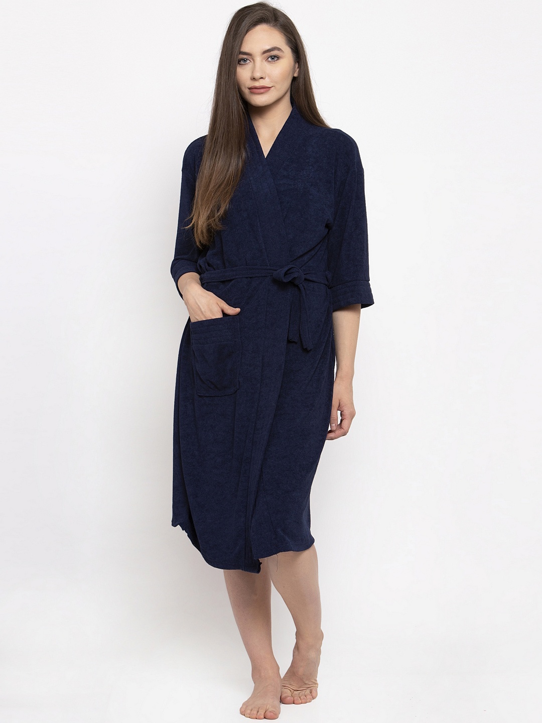 

ELEVANTO Women Navy Blue Solid Bath Robe
