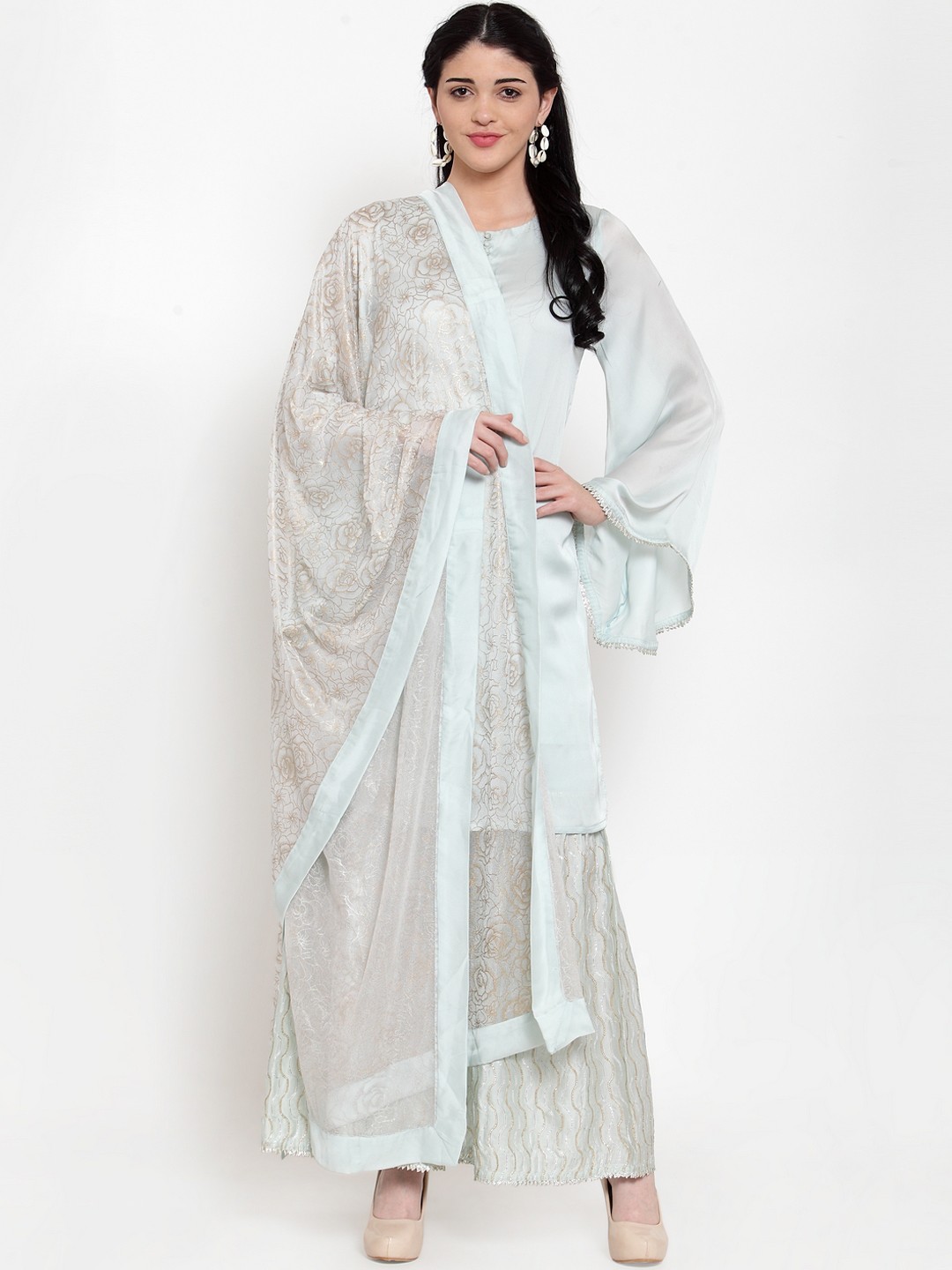 

ANAISA Women Blue Embroidered Kurta with Sharara & Dupatta
