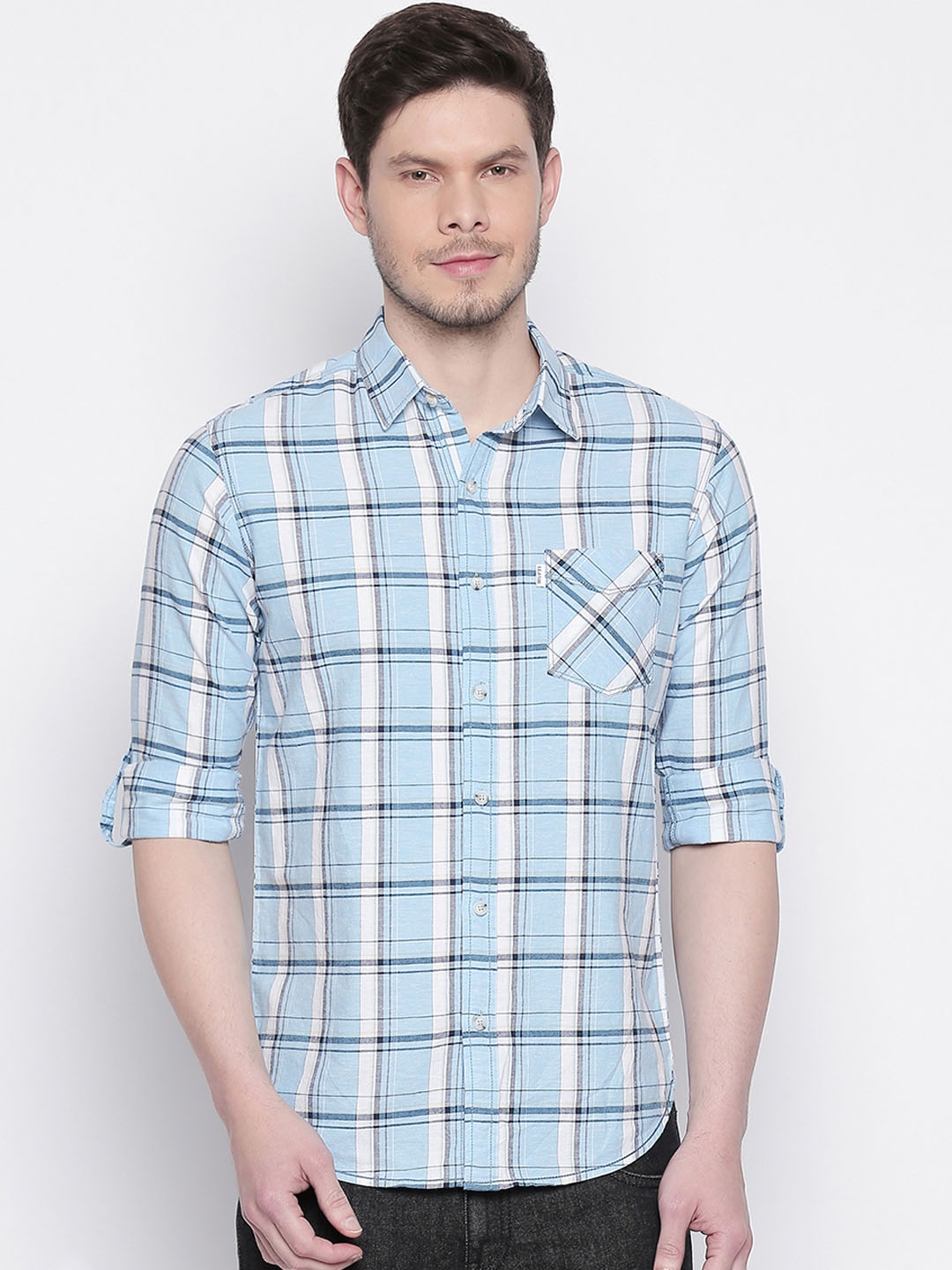 

Mufti Men Blue & Black Slim Fit Checked Casual Shirt