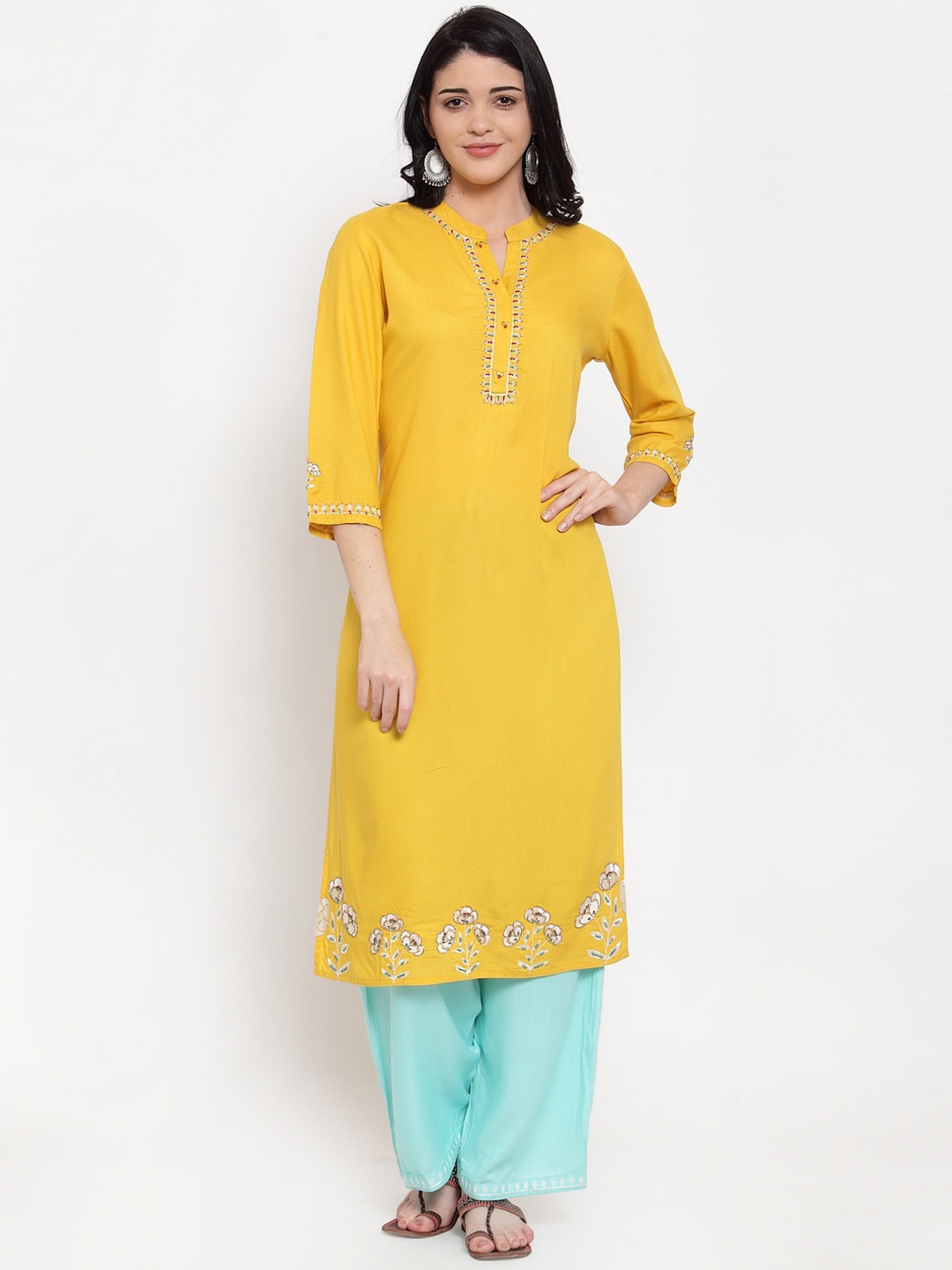 

ANAISA Women Yellow & Sea Green Embroidered Kurta with Palazzos