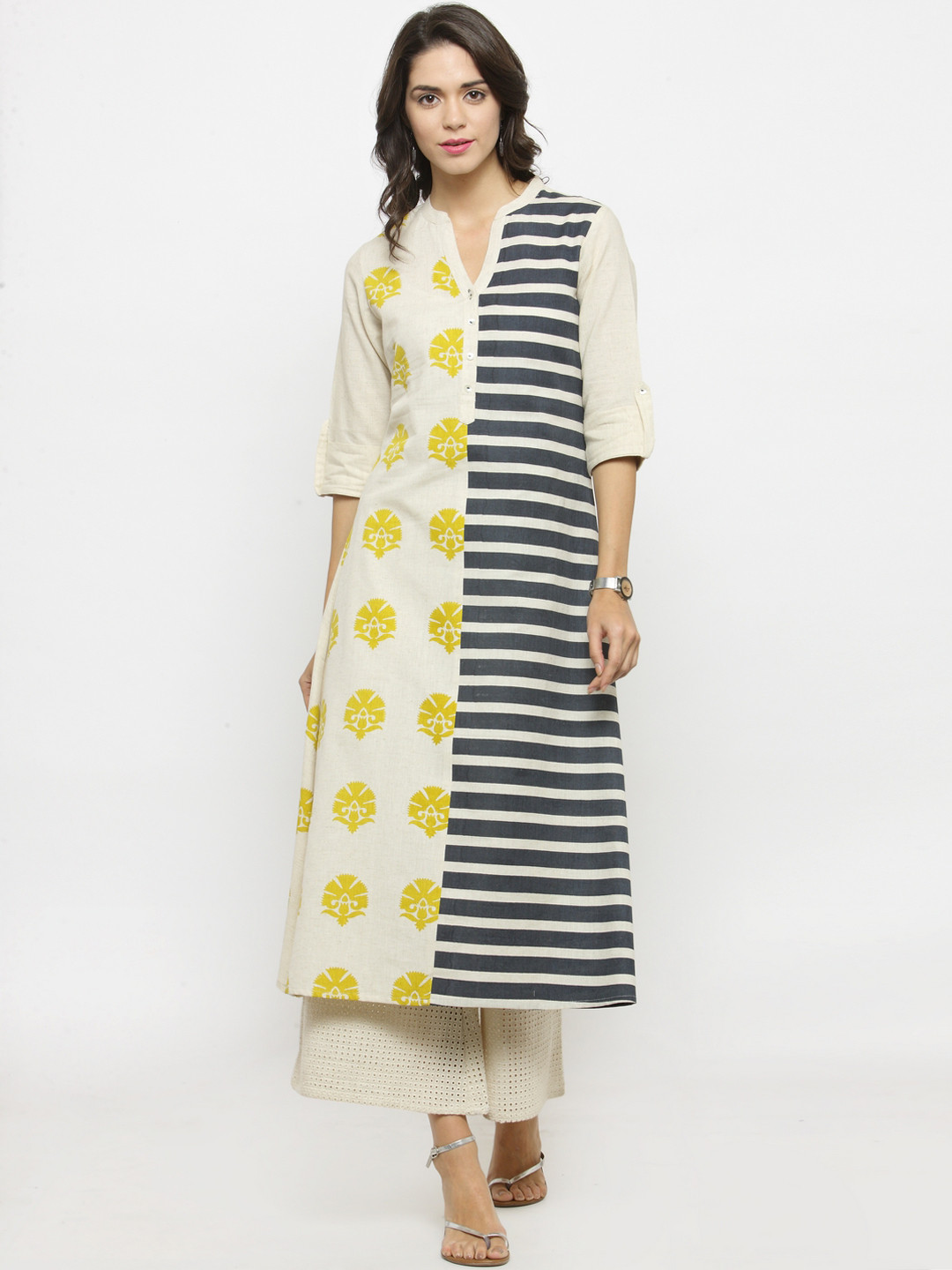 

Varanga Women Off-White Striped A-Line Kurta