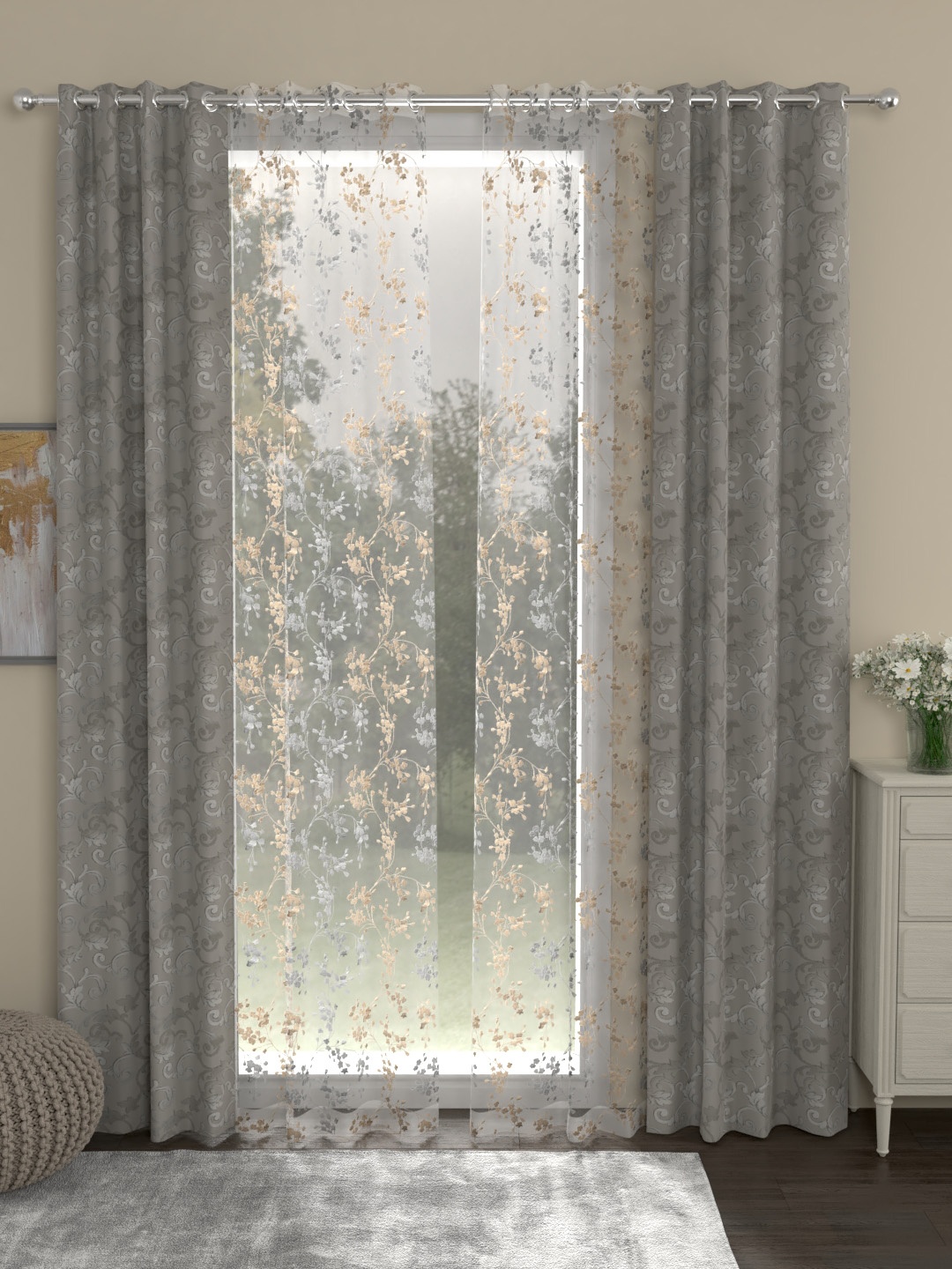 

ROSARA HOME Grey & Beige Set of 4 Door Curtains