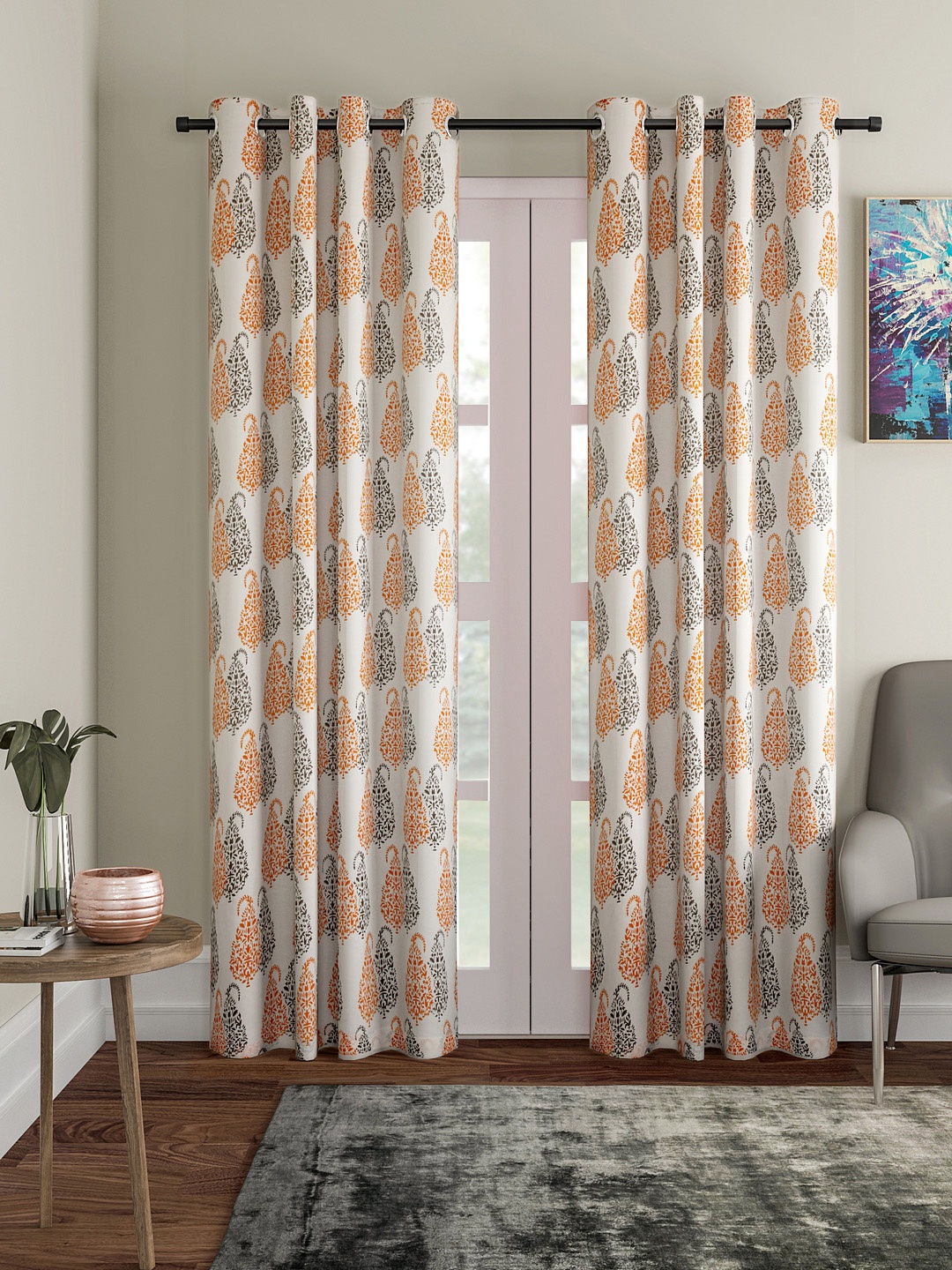 

Soumya Orange & Beige Single Sheer Long Door Curtain