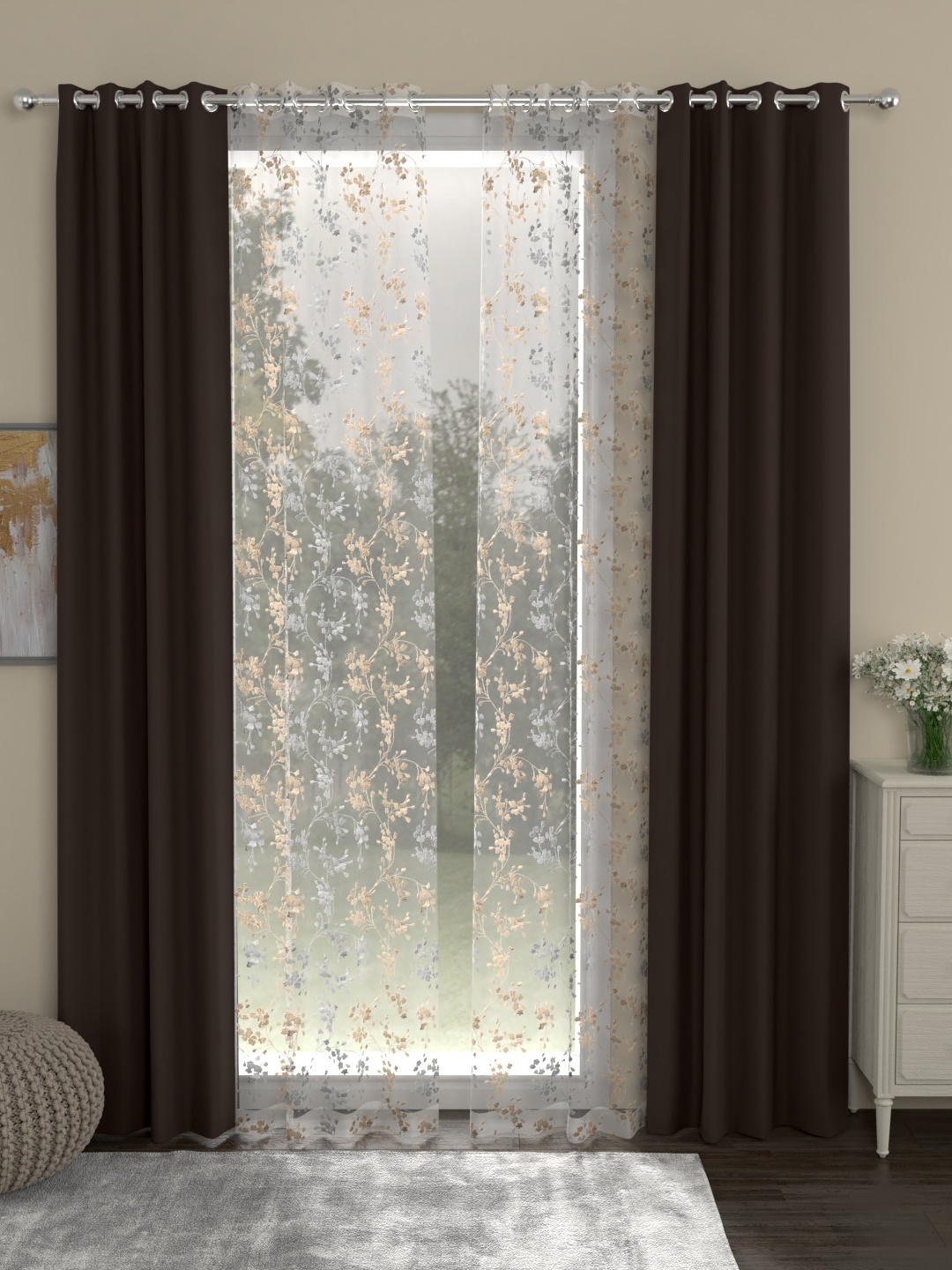 

ROSARA HOME Set of 4 Brown & Off-White Door Curtains