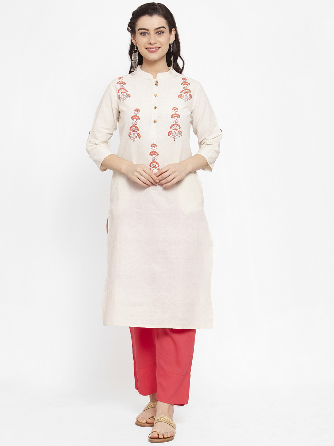 

ANAISA Women White & Red Block Printed Straight Kurta
