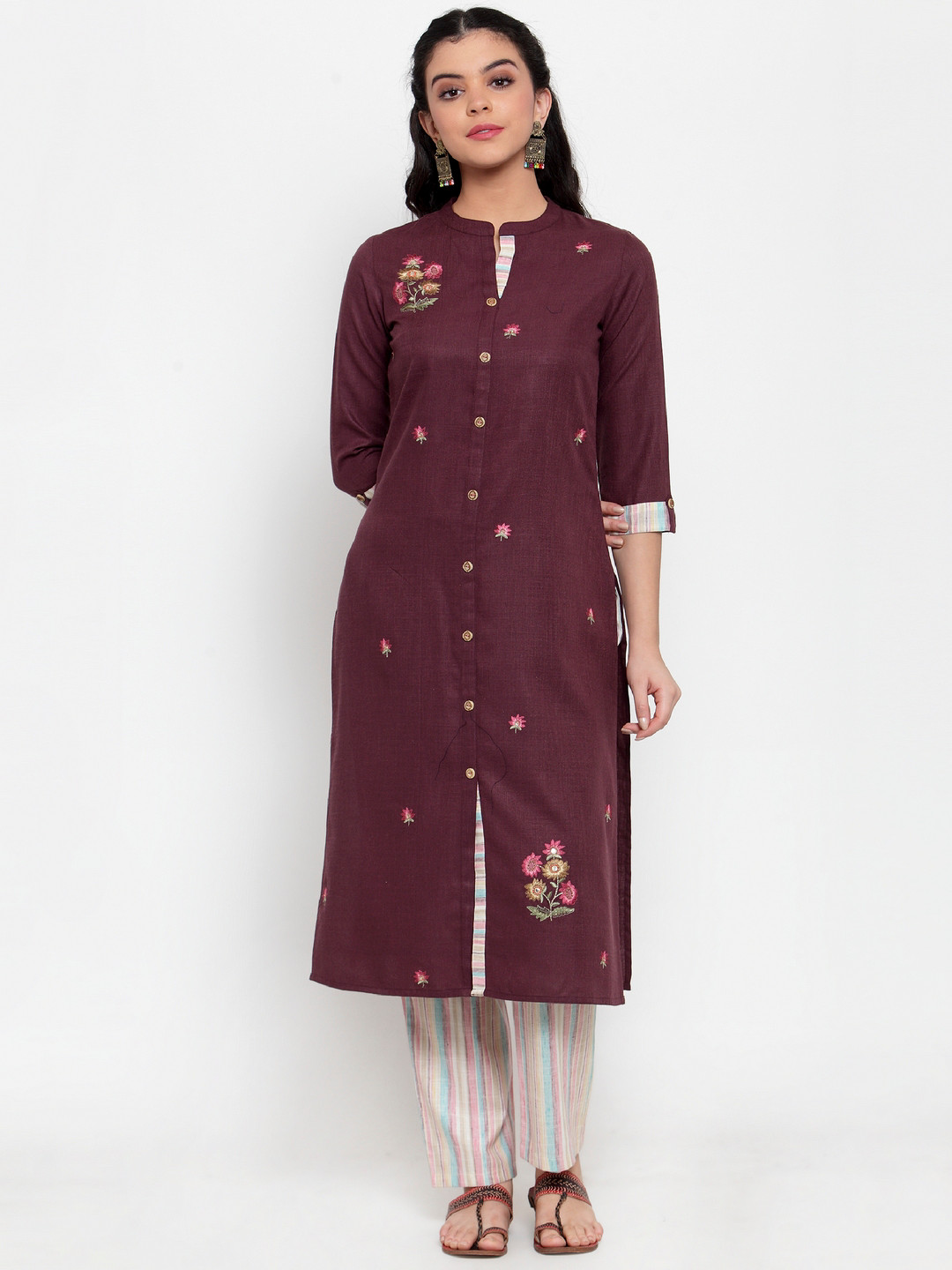 

ANAISA Women Burgundy & Yellow Embroidered Kurta with Trousers