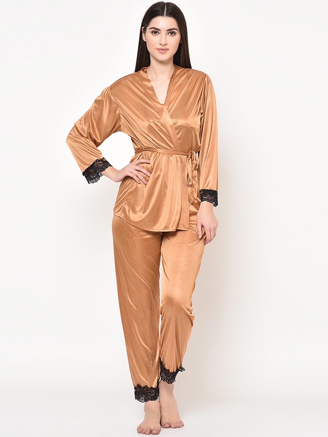 

Da Intimo Women Camel Brown Solid Night Suit With Lace Detail