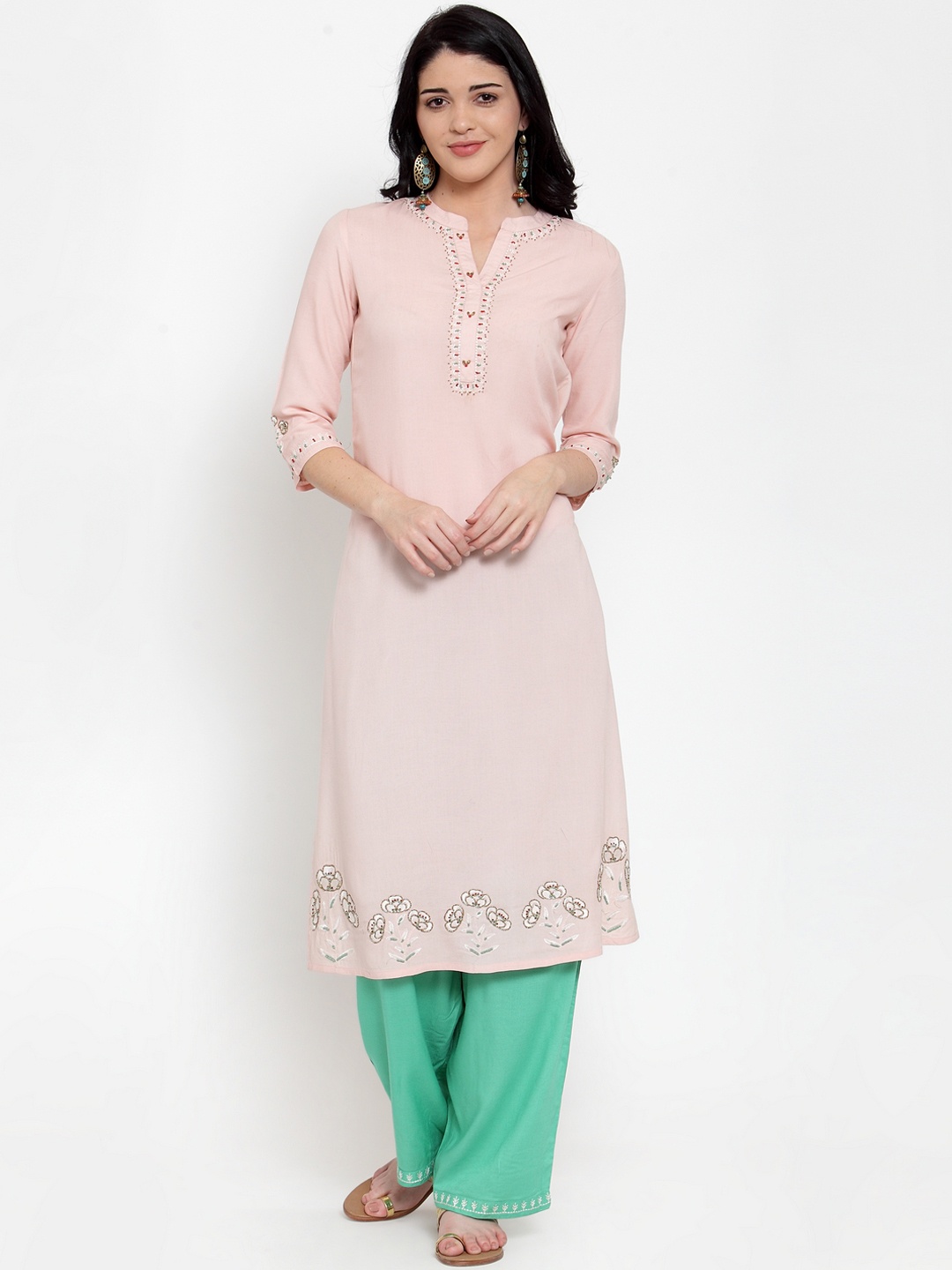 

ANAISA Women Pink & Green Embroidered Hand Work Kurta with Palazzos