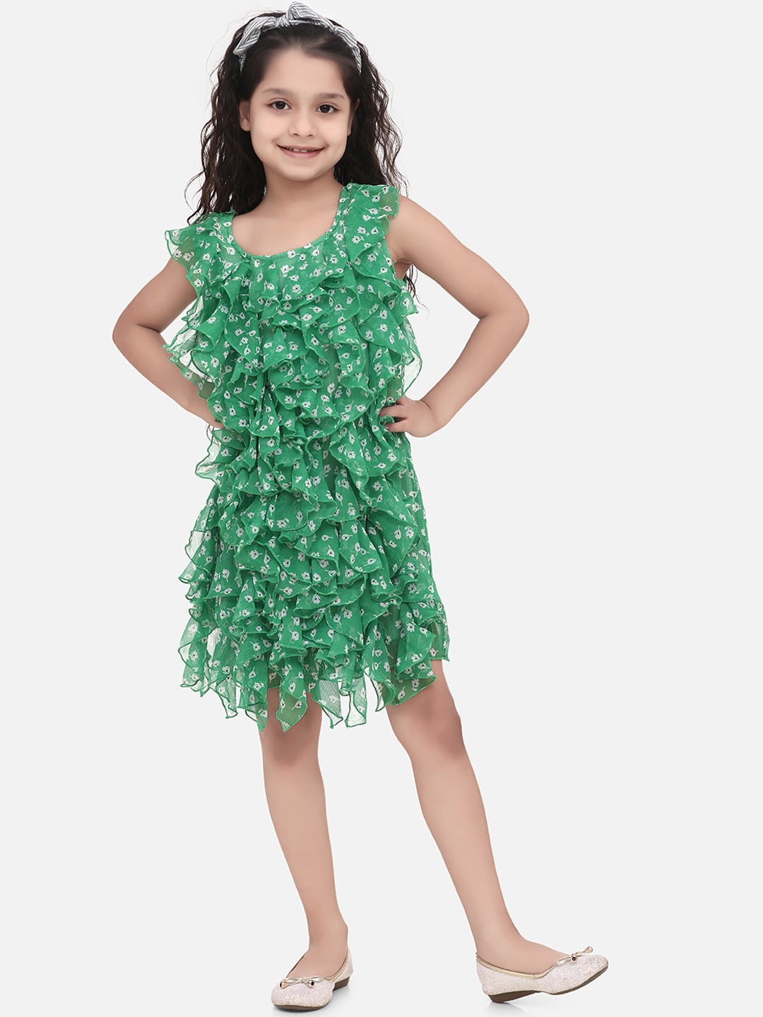 

StyleStone Girls Green & White Floral Printed Ruffle Fit and Flare Dress