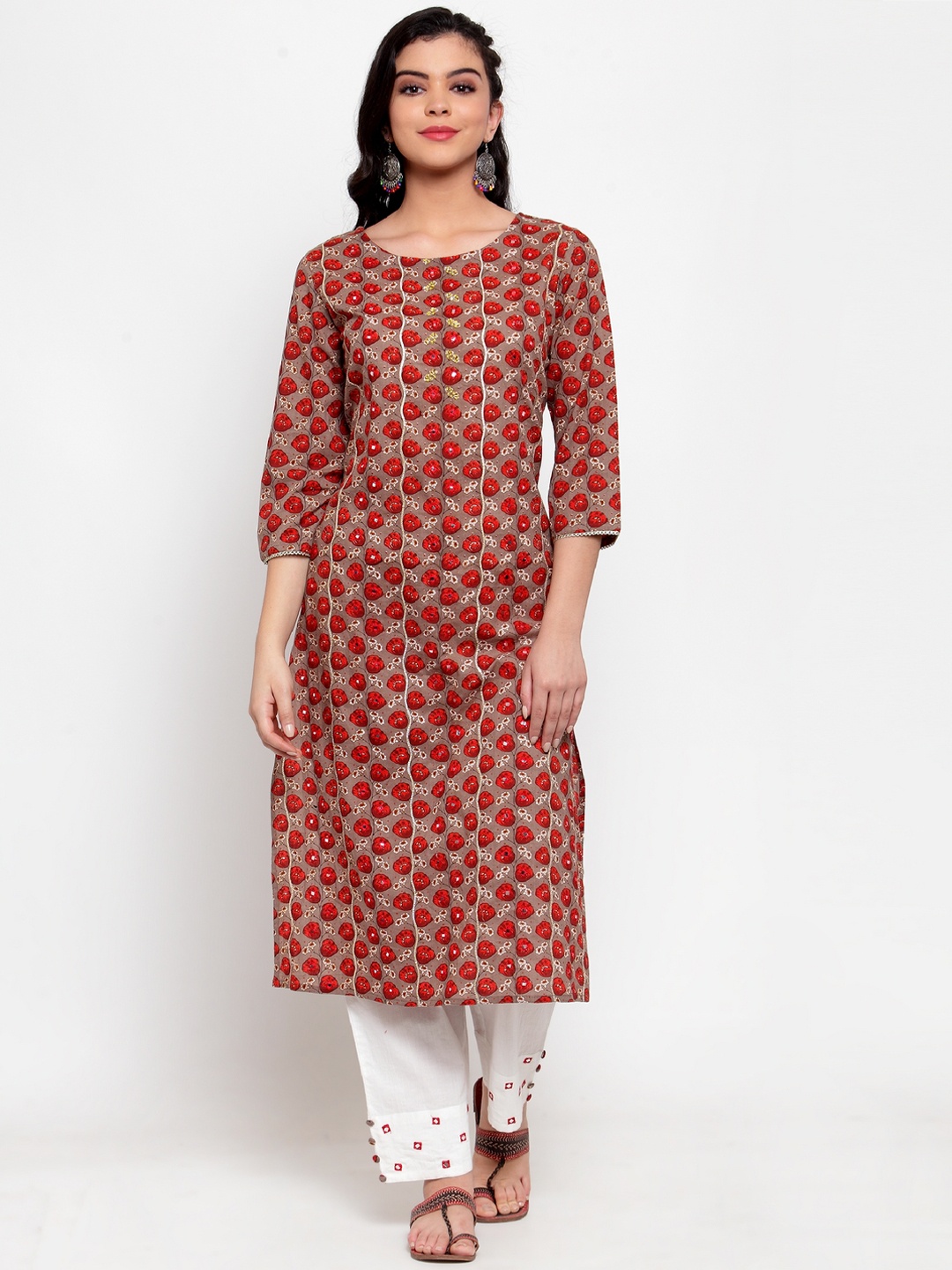 

ANAISA Women Red & White Embroidered Mirror Work Kurta with Trousers