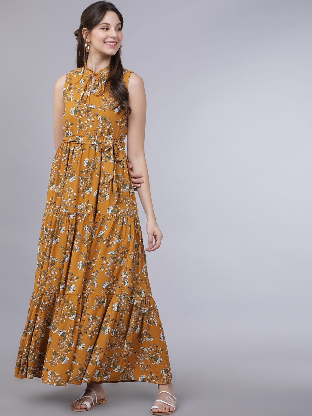 

Tokyo Talkies Women Mustard Yellow Floral Printed Maxi Dress