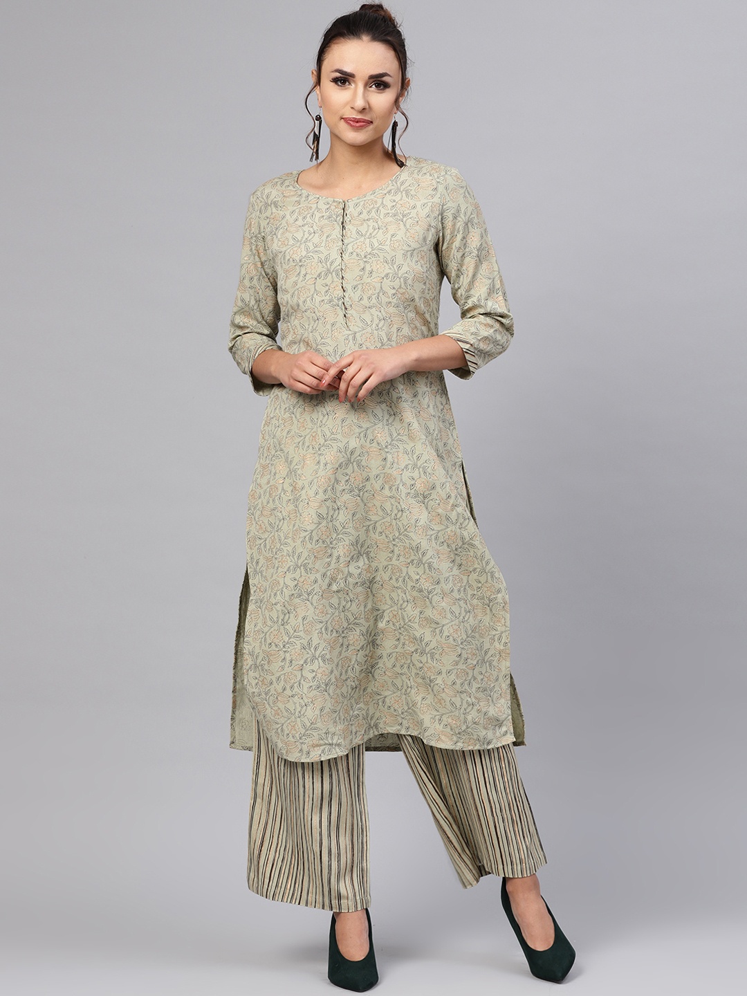 

anayna Women Cream-Coloured Floral Printed Kurta with Palazzos