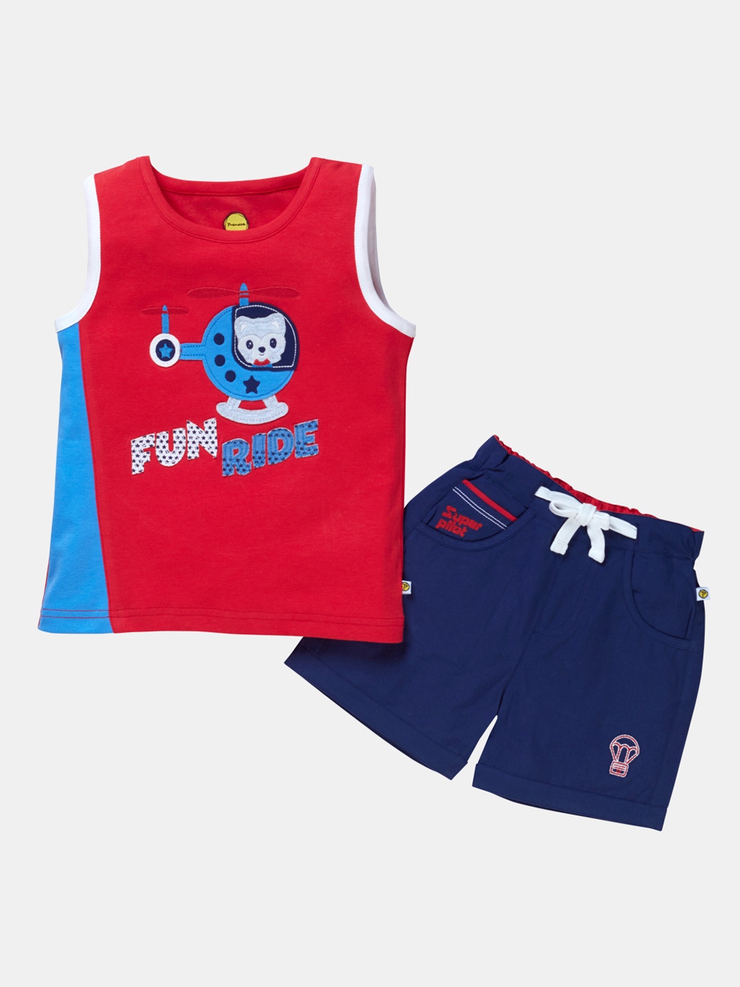 Pranava Boys Red & Blue Printed Organic Cotton T-shirt with Shorts