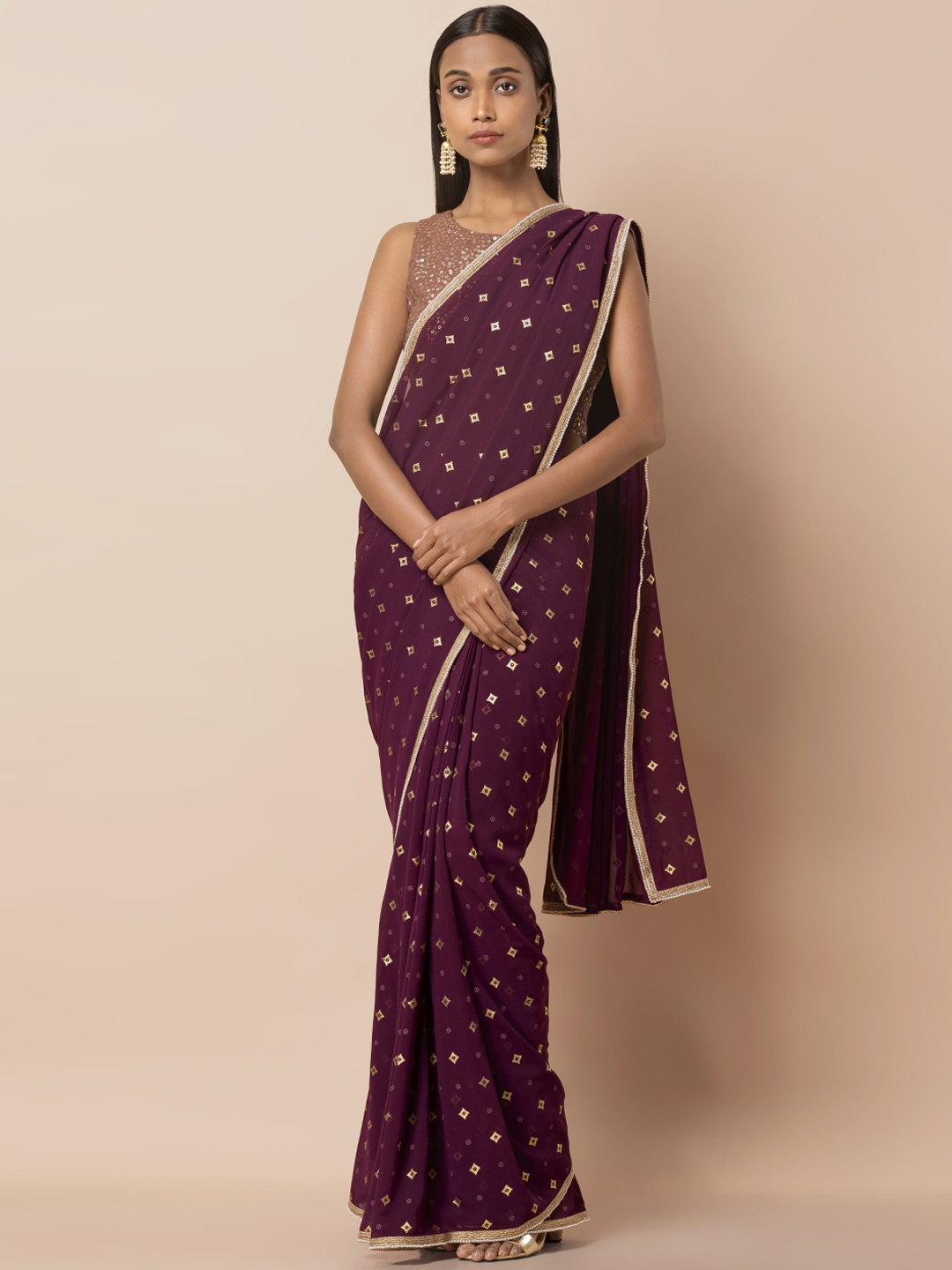 

INDYA Burgundy Foil Printed Poly Georgette Pleat Front Ready to wear Saree