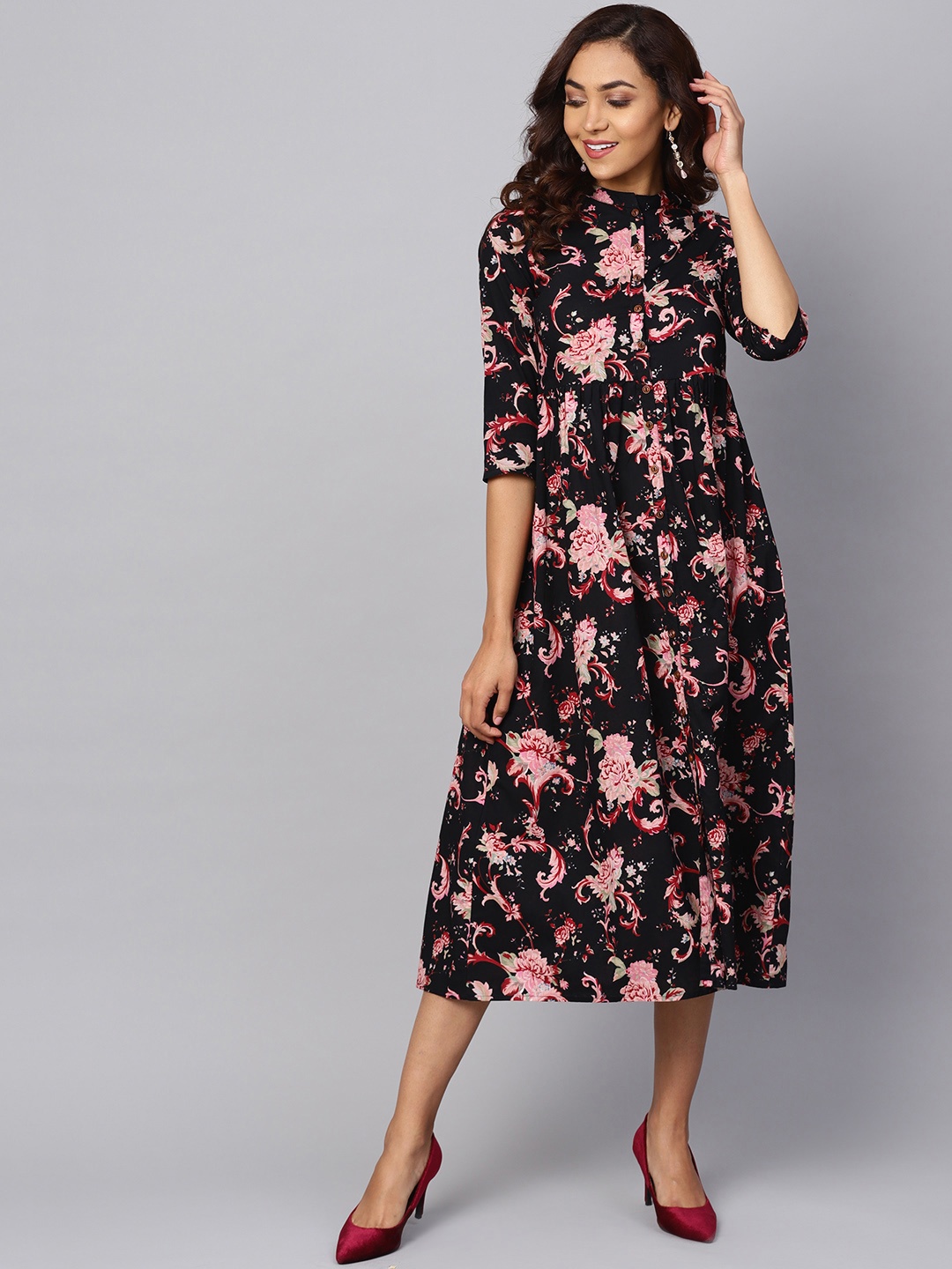 

anayna Women Black Printed Fit and Flare Dress