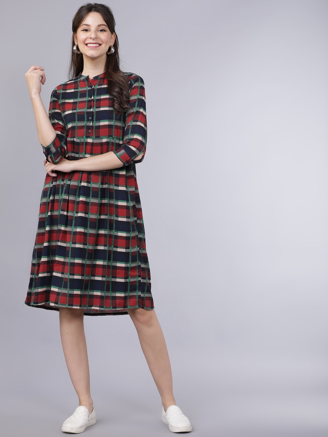 

Tokyo Talkies Women Rust Brown & Navy Blue Checked Fit and Flare Dress