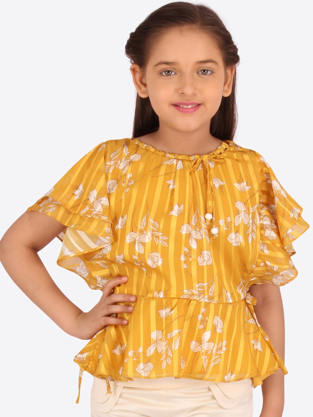 

CUTECUMBER Girls Mustard Yellow Printed Peplum Top