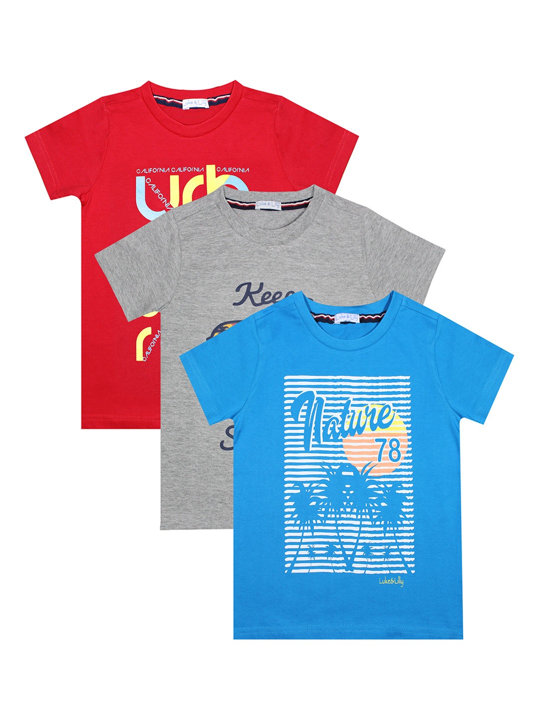 

Luke Lilly Boys Pack of 3 Printed Round Neck Pure Cotton T-shirts, Blue