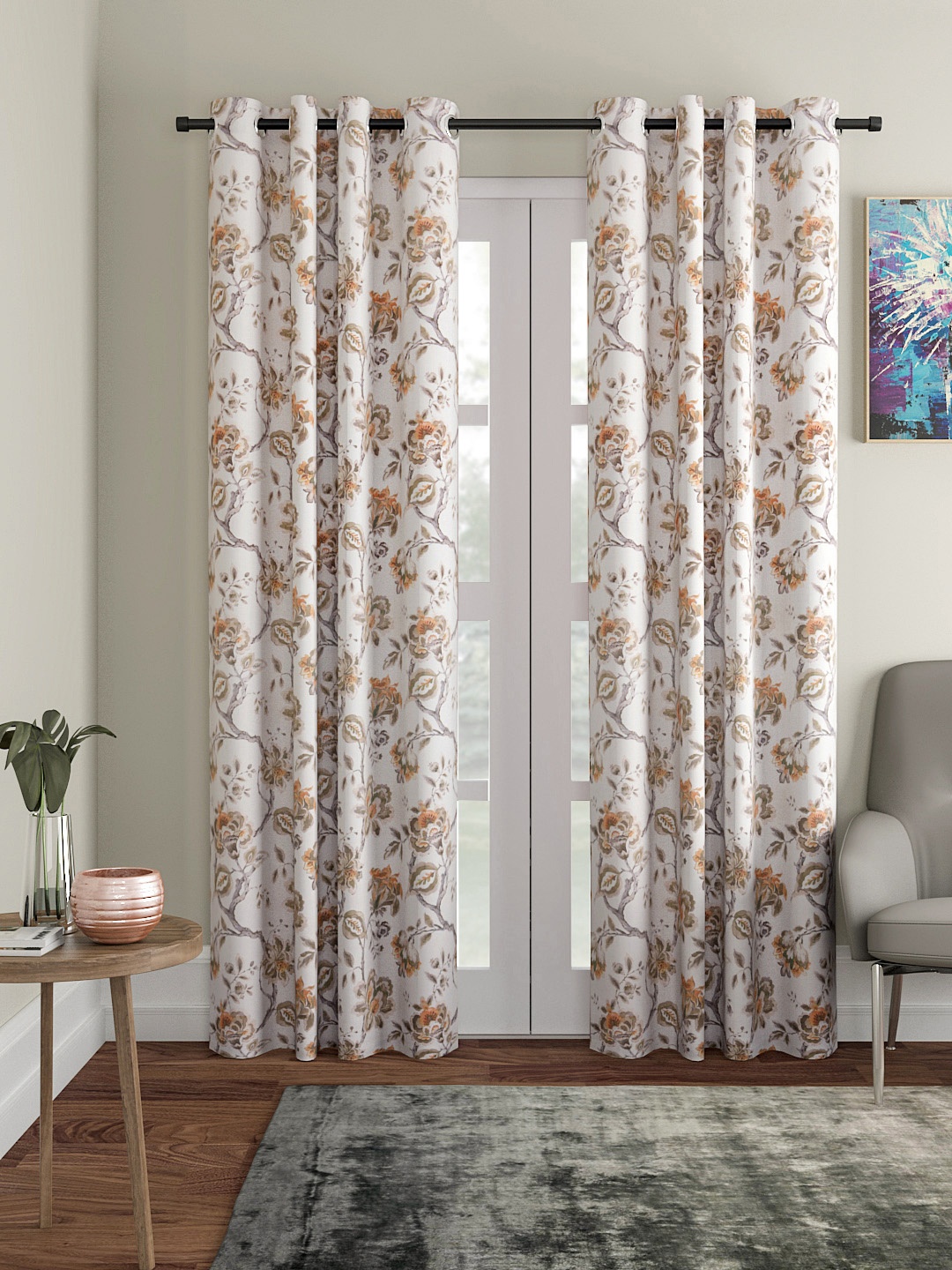 

Soumya Green & Off-White Floral Printed Room Darkening Door Curtain