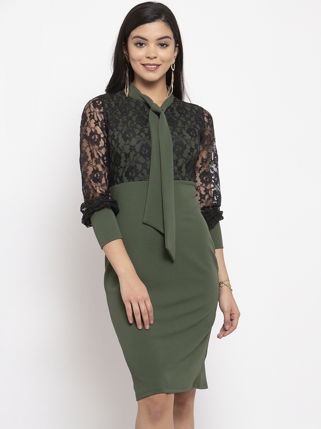 

KASSUALLY Women Olive Green & Black Self Design Sheath Dress