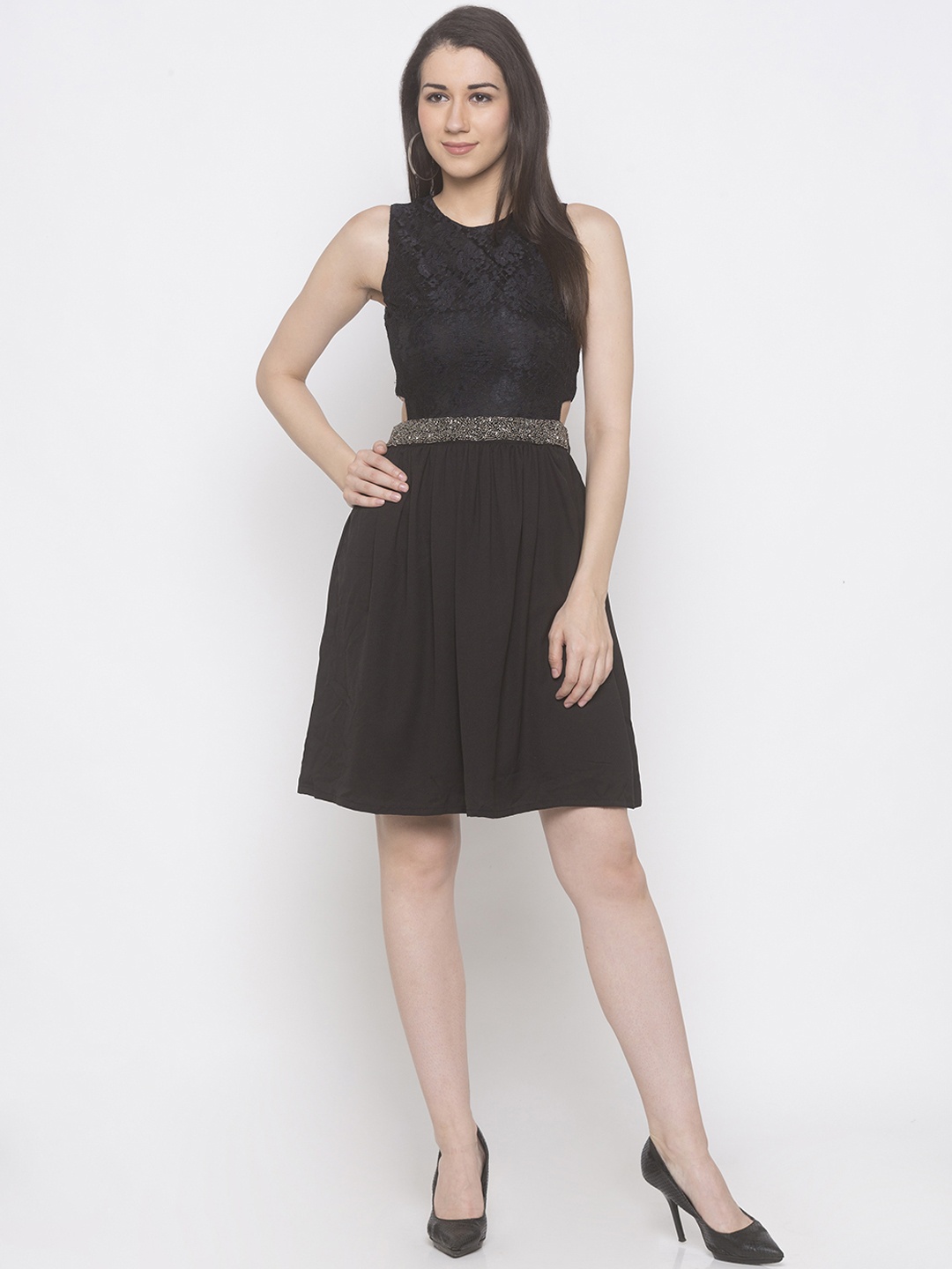 

Globus Women Black Self Design Fit and Flare Dress