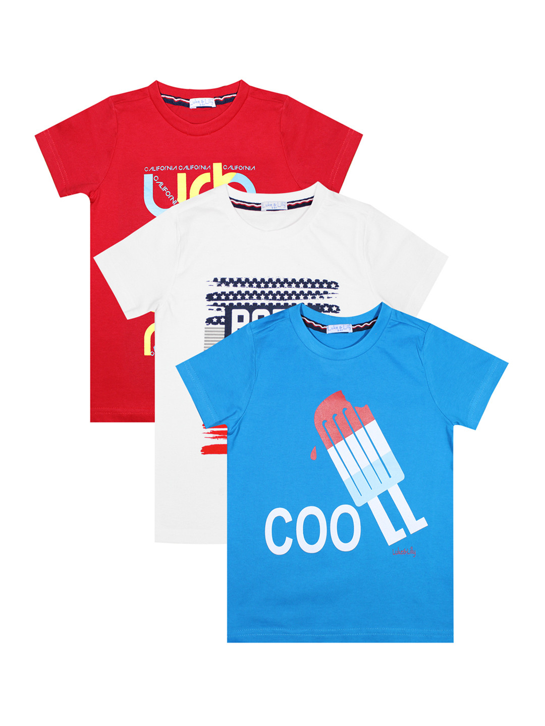 

Luke Lilly Boys Pack Of 3 Printed Round Neck Pure Cotton T-shirts, Blue