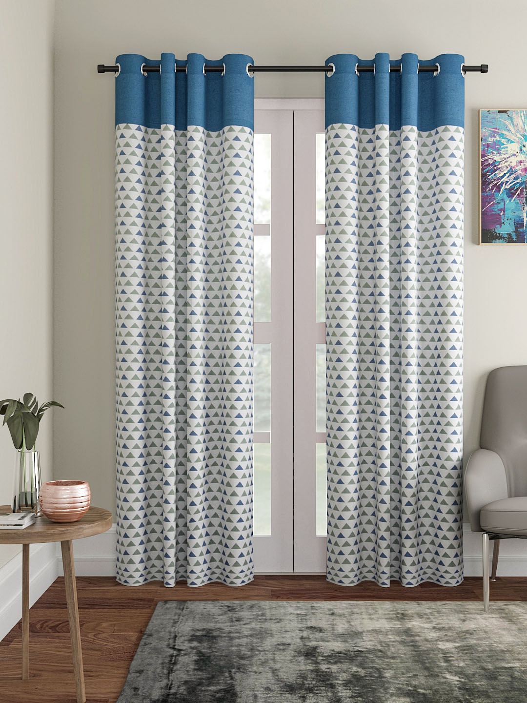 

Soumya White & Blue Single Room Darkening Long Door Curtain