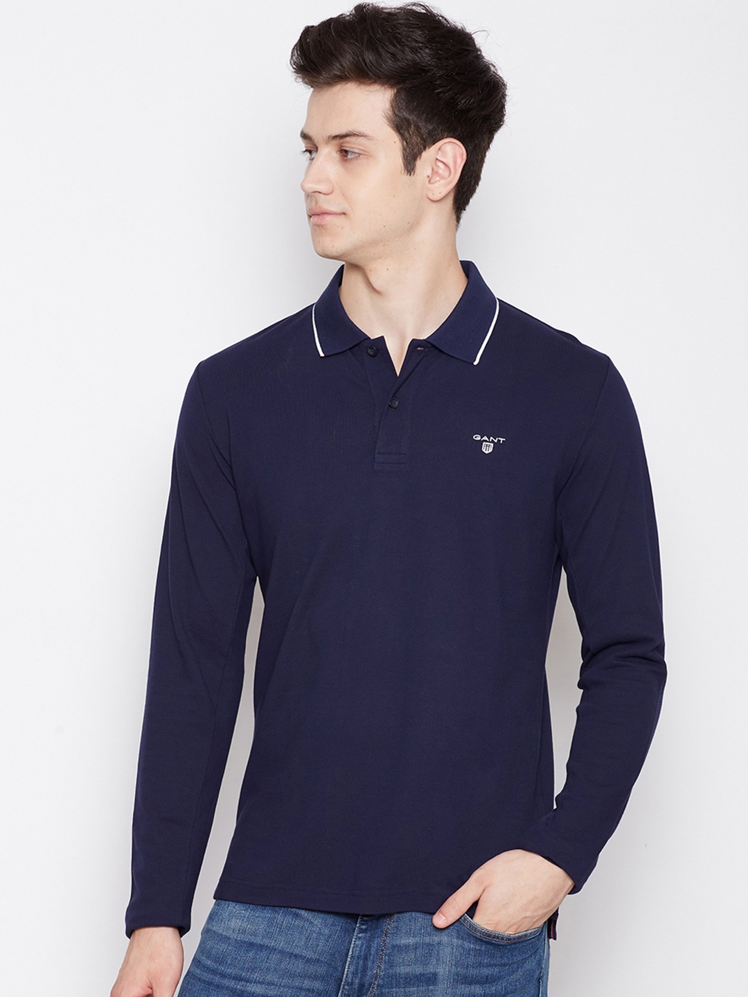 

GANT Men Navy Blue Solid Polo Collar T-shirt