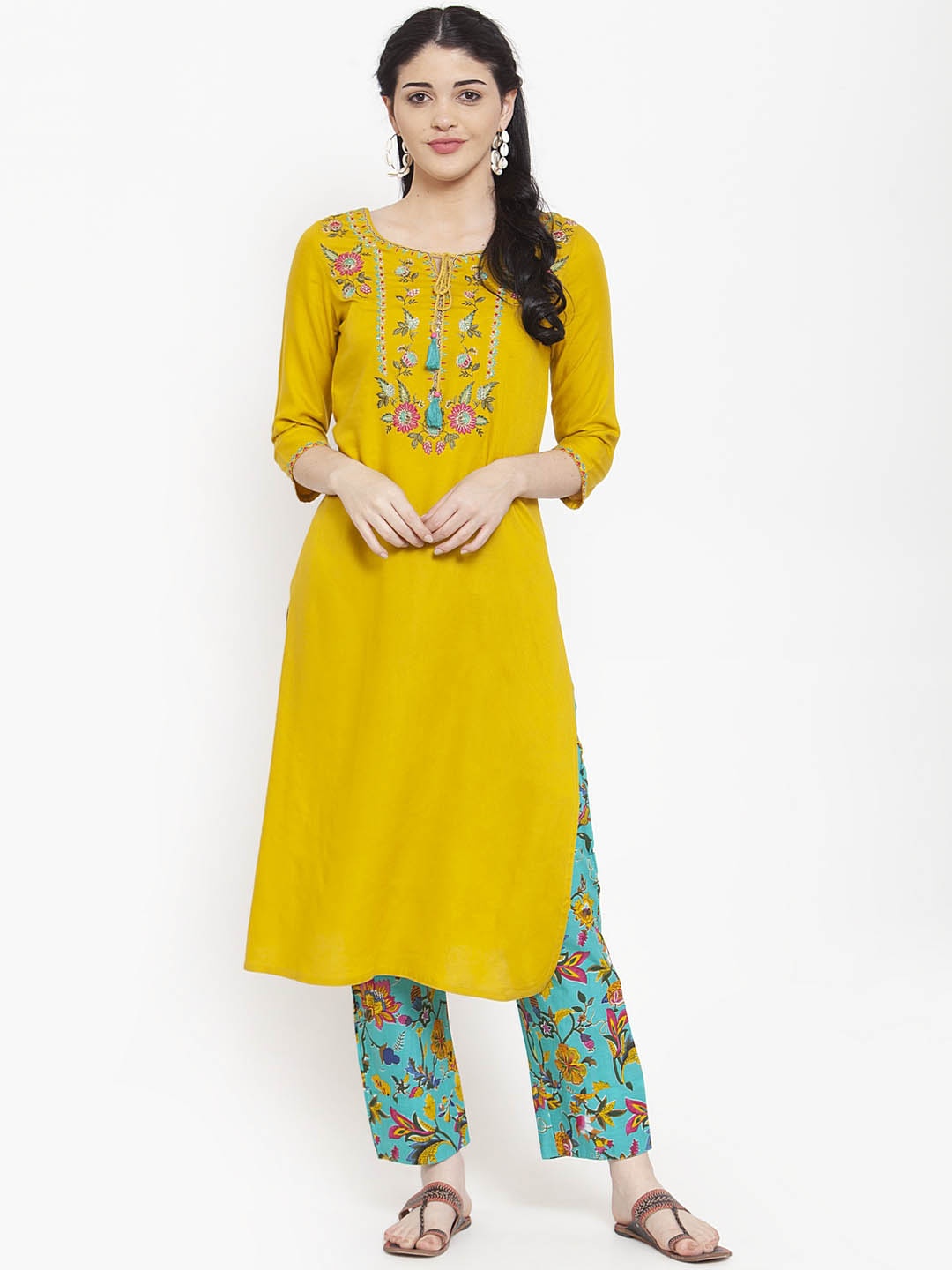

ANAISA Grand Floral Tie-Up Neck Kurta Set with Embroidered Yoke, Mustard
