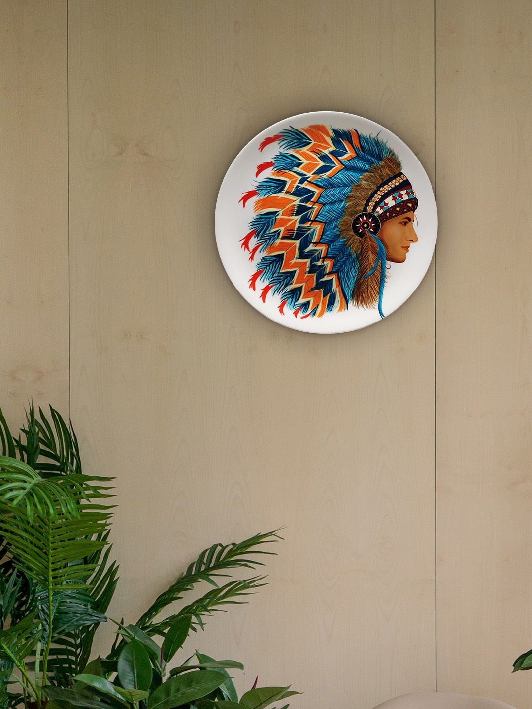 KOLOROBIA White & Blue Pirnted Decorative Wall Plate, Off white