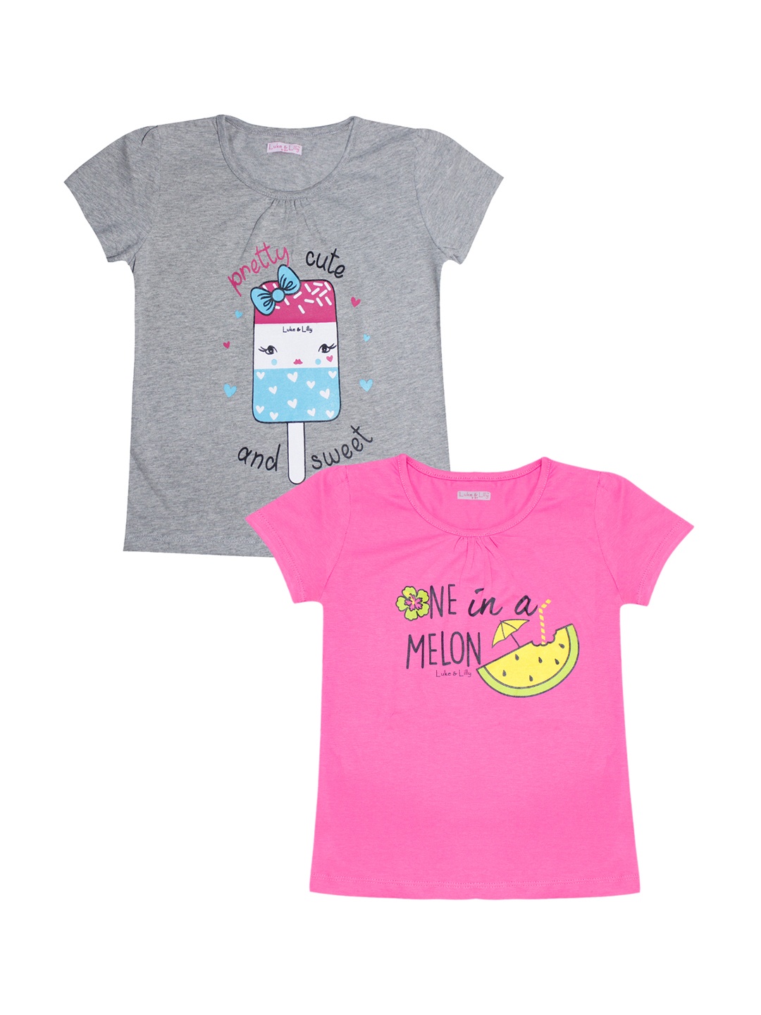 

Luke Lilly Girls Pack of 2 Printed Round Neck Pure Cotton T-shirt, Grey melange