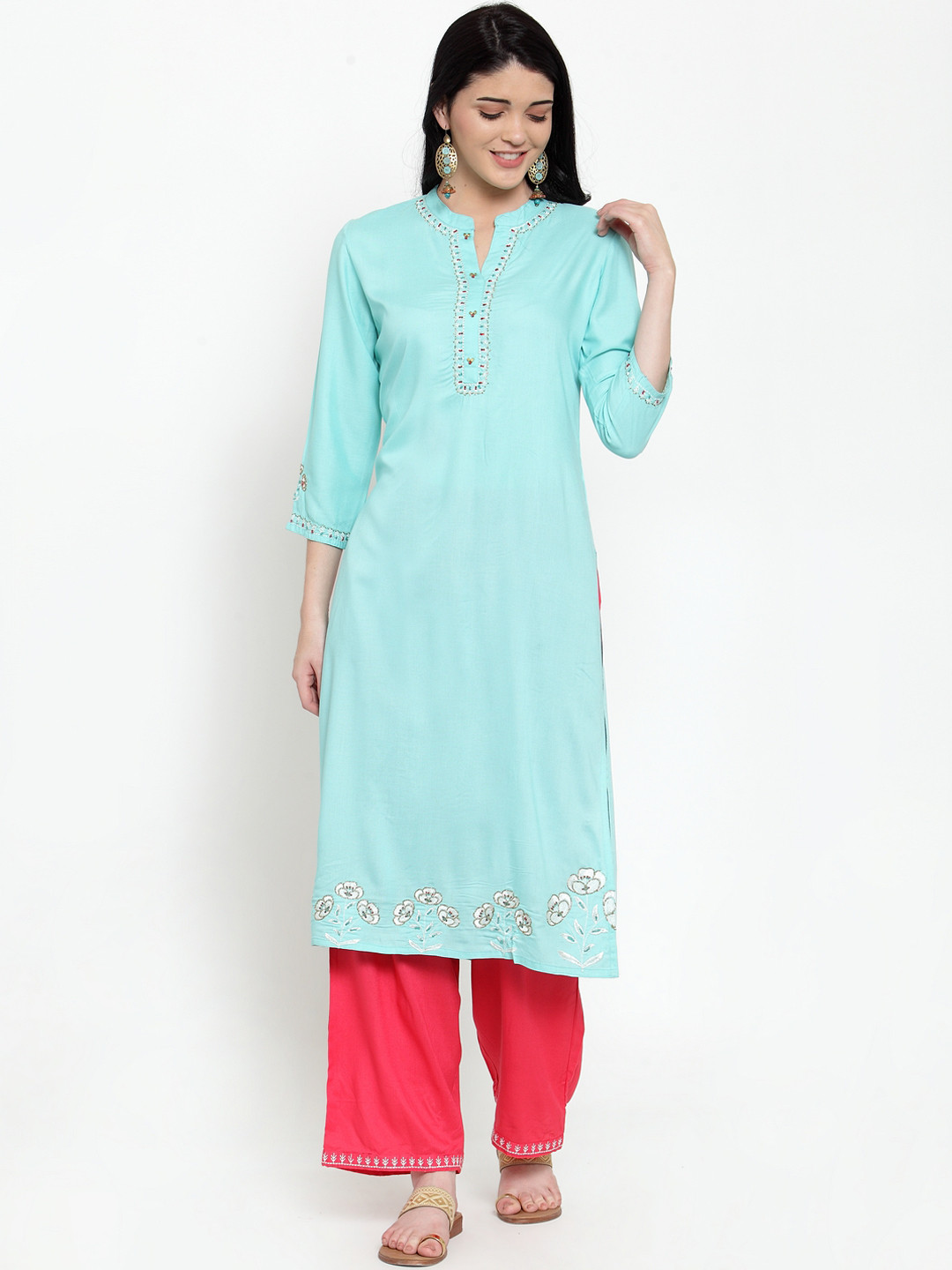 

ANAISA Women Turquoise Blue Rayon Hand Work Kurta with Palazzos