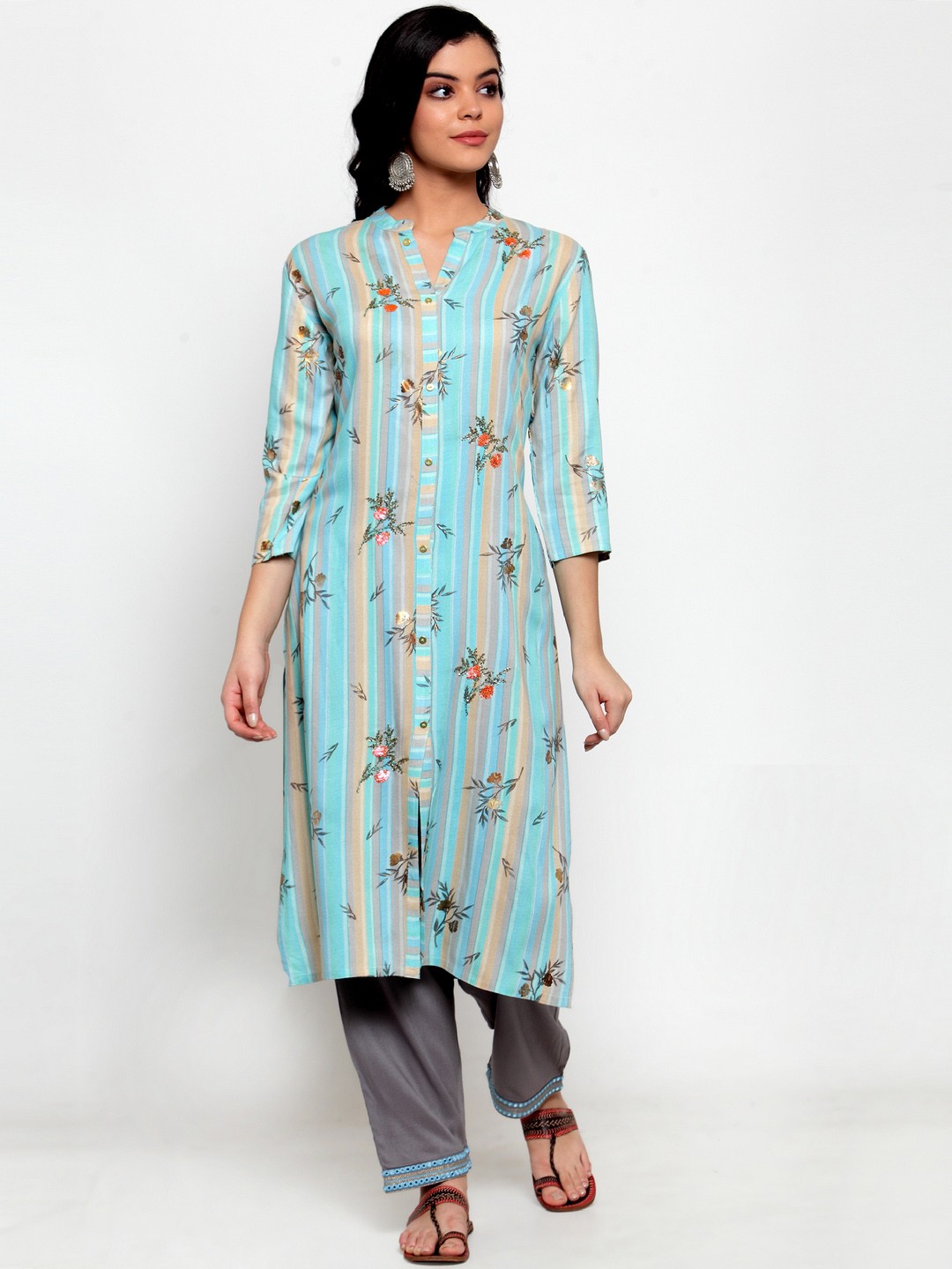 

ANAISA Women Blue & Grey Embroidered Kurta with Trousers