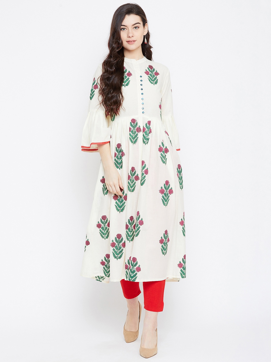 

Tulsattva Women Off-White Floral Print A-Line Kurta