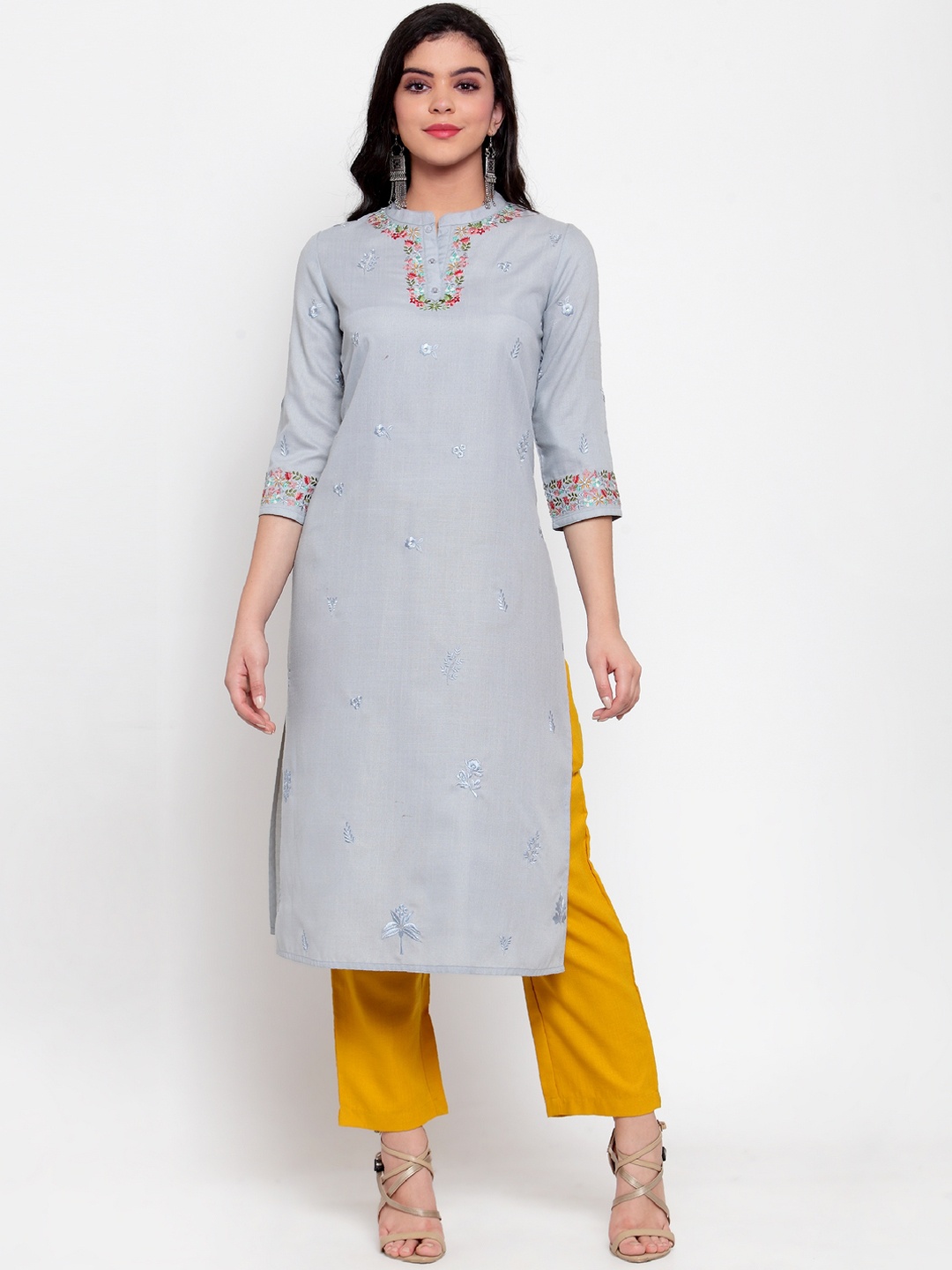 

ANAISA Women Grey Melange & Yellow Embroidered Kurta with Trousers