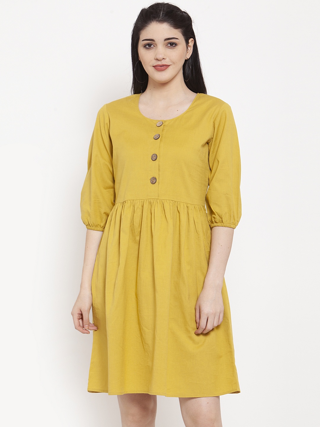 

ANAISA Women Yellow Solid Fit and Flare Dress