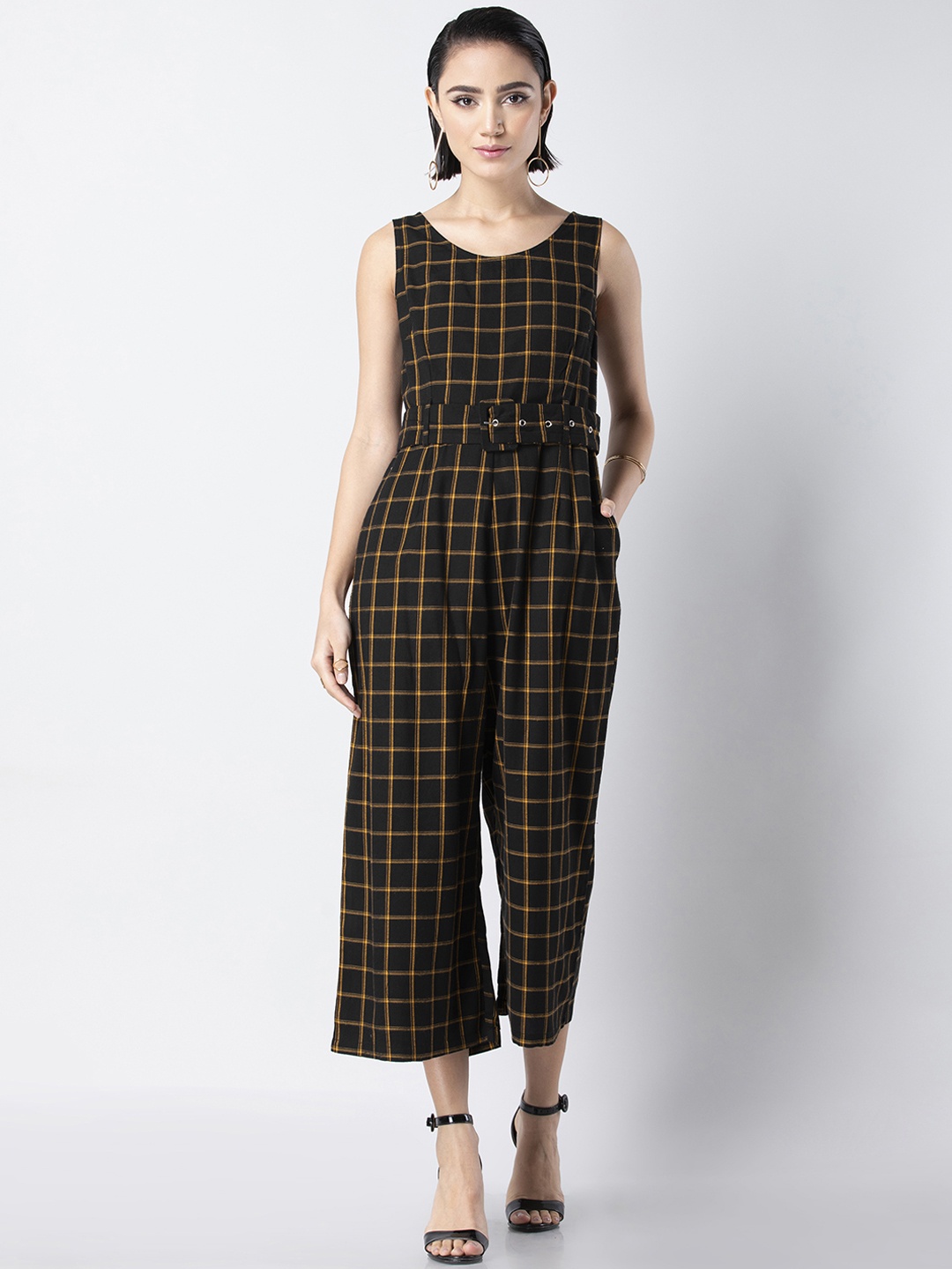 

FabAlley Women Black & Yellow Checked Basic Jumpsuit