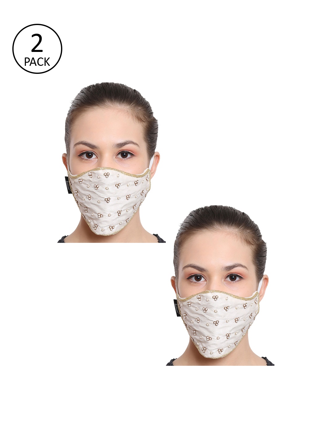 

Anekaant Set Of 2 Reusable 3-Ply Art Silk Embellished Fabric Fashion Outdoor Mask, White