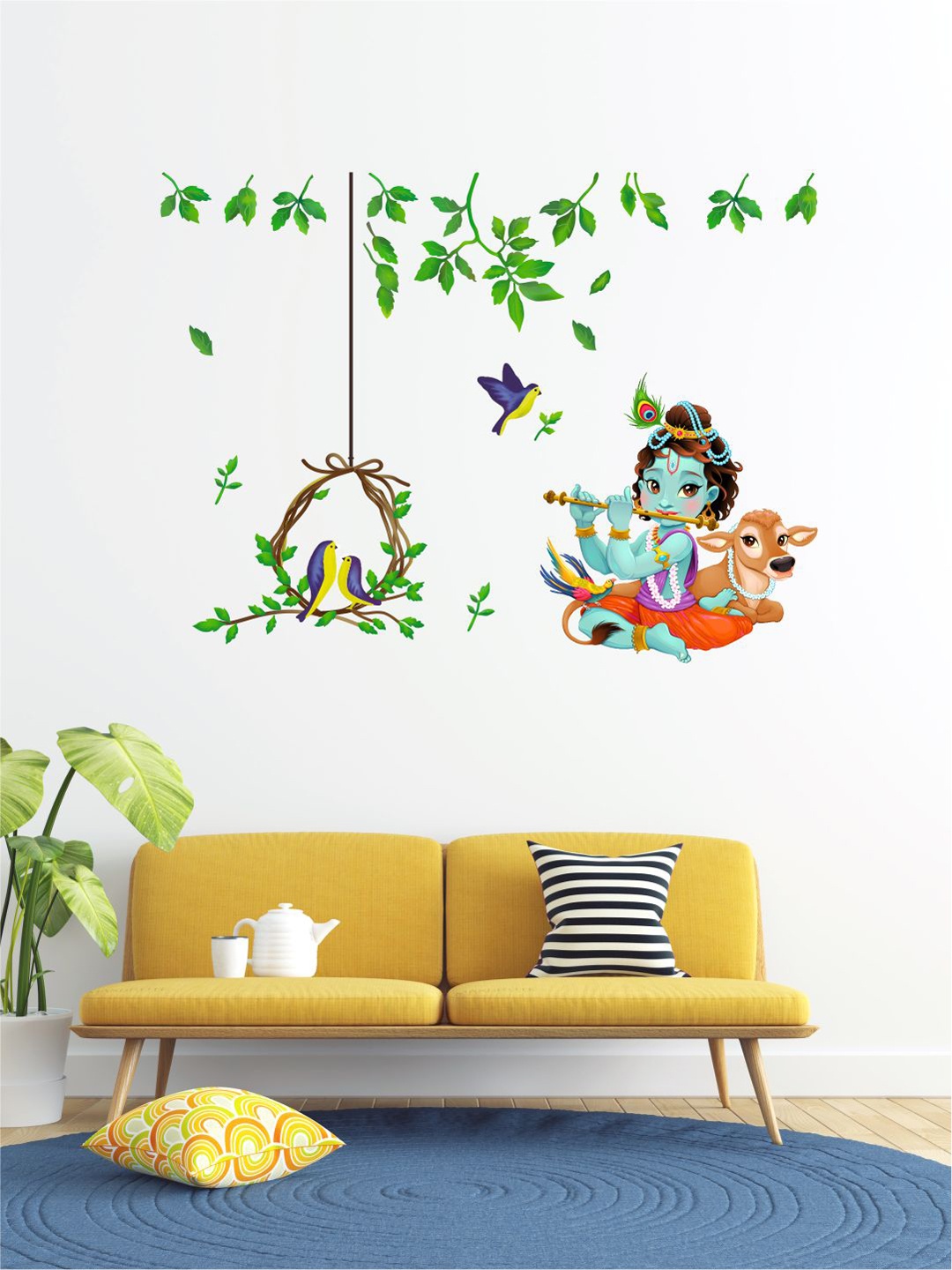 

rawpockets Multicoloured Lord Krishna With birds Wall Sticker, Multi