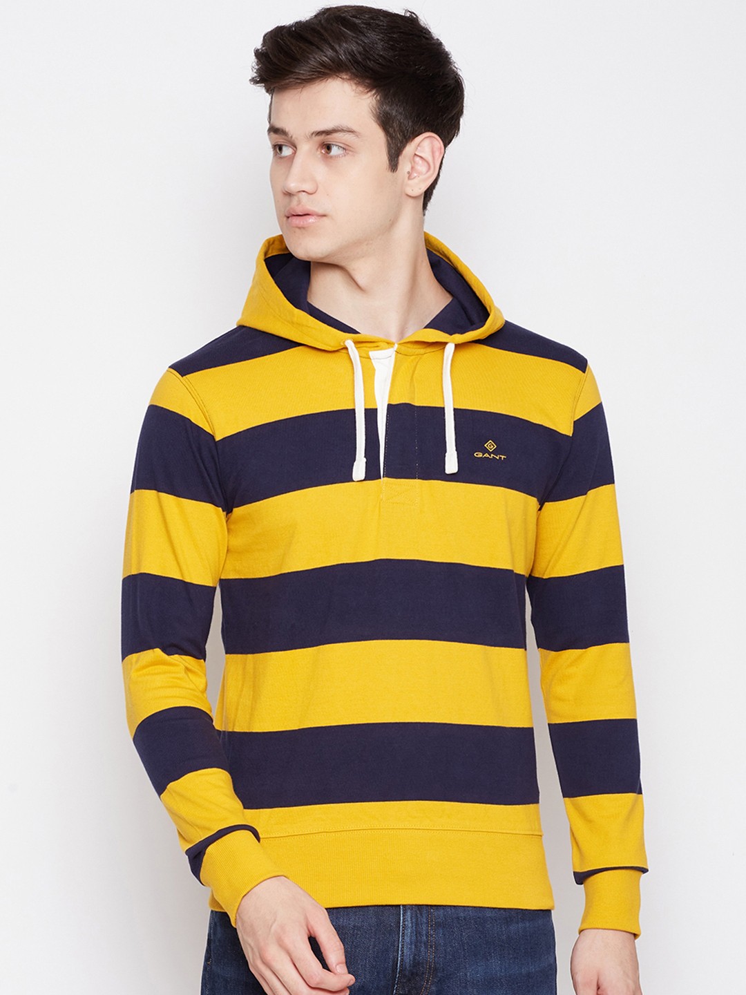 

GANT Men Yellow & Navy Blue Striped Hooded T-shirt
