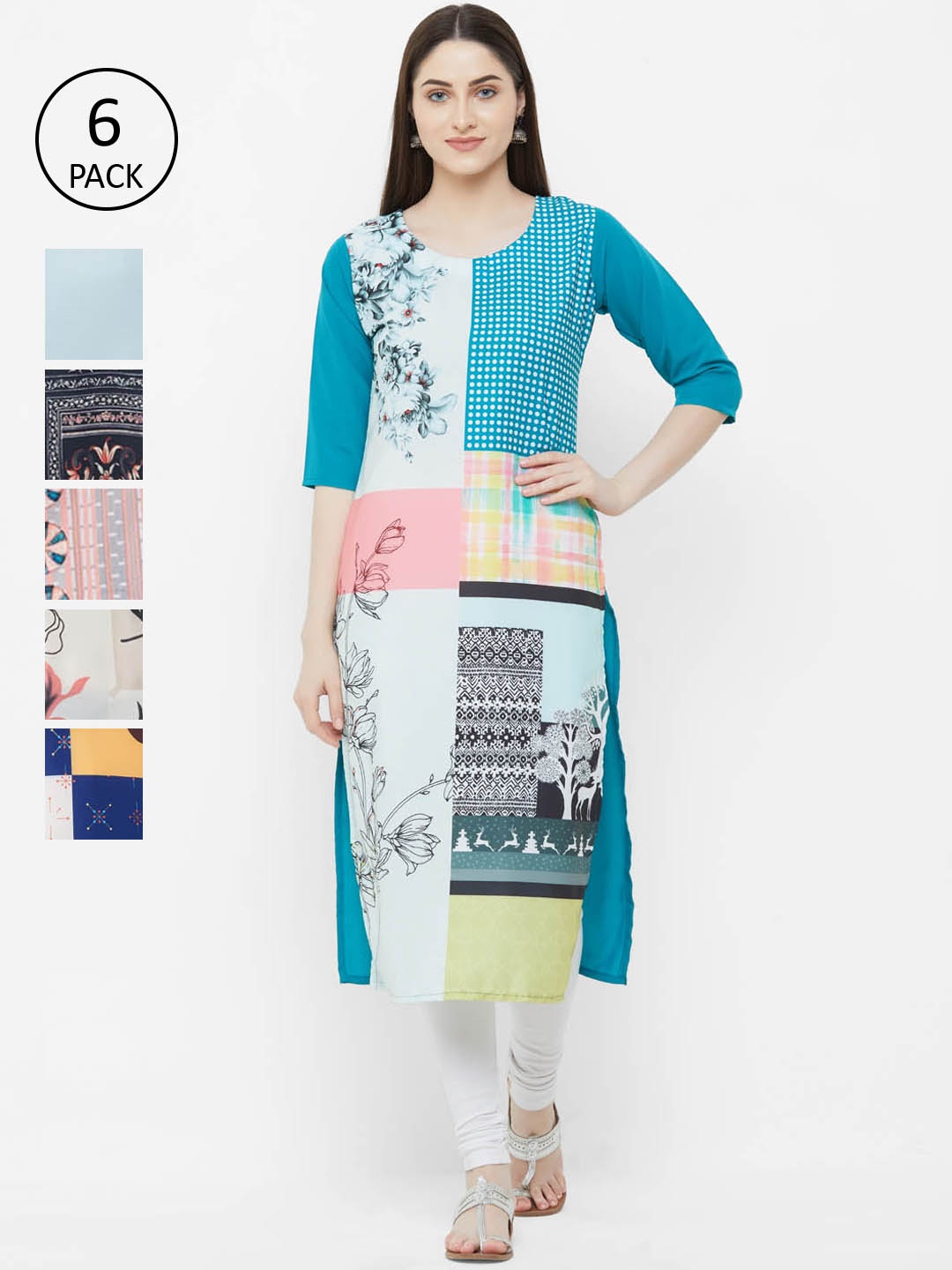 

7Threads Women Pack of 6 Printed Straight Kurta, Multi