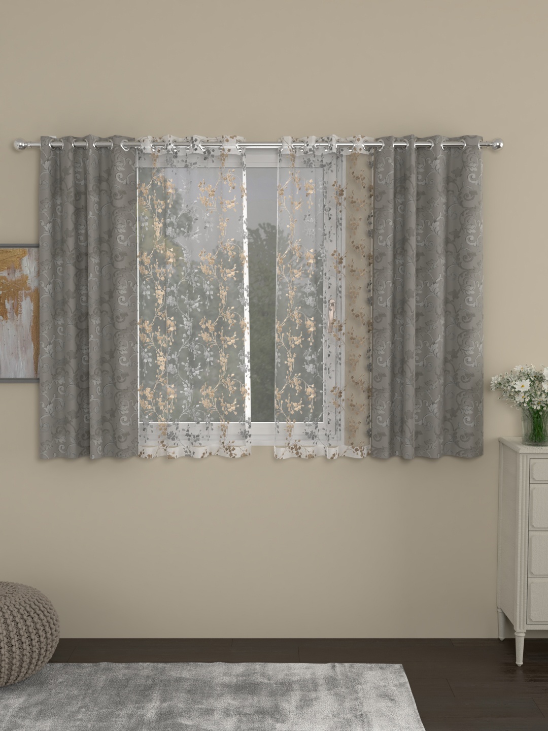 

ROSARA HOME Grey & Beige Set of 4 Window Curtains