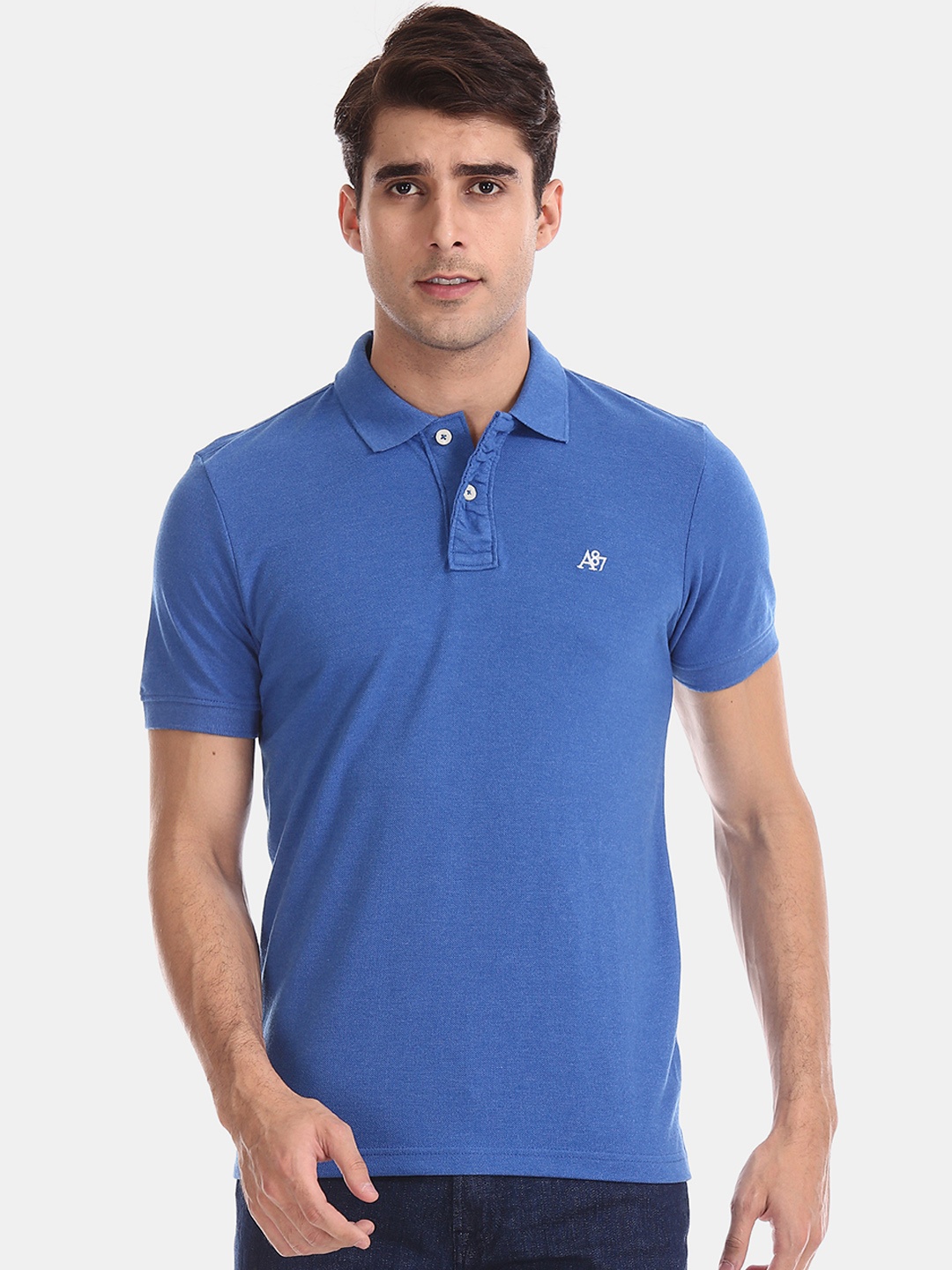 

Aeropostale Men Blue Solid Printed Polo Collar T-shirt