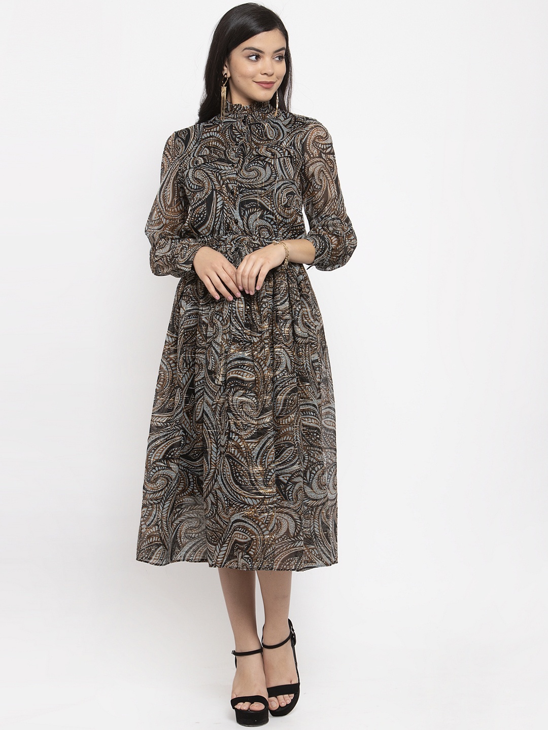 

KASSUALLY Women Grey & Black Printed Fit and Flare Dress