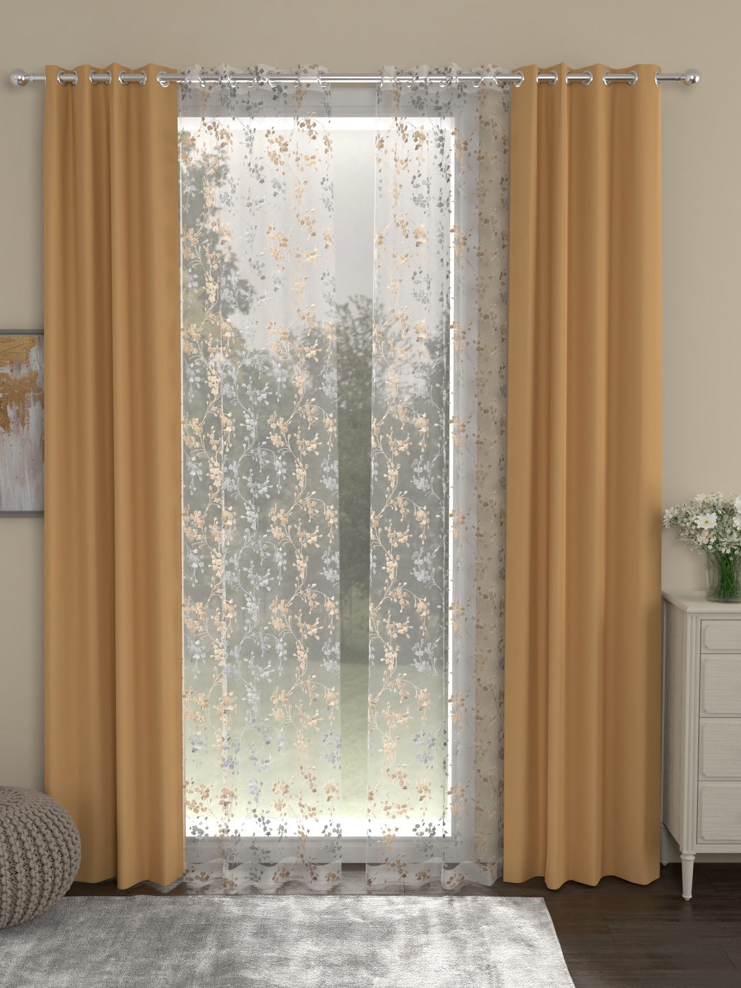 

ROSARA HOME Beige & White Set of 4 Door Curtains