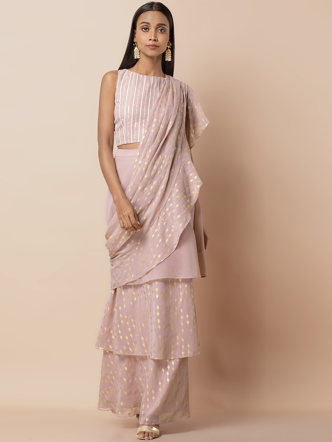 

INDYA Pink Embellished Ruffled Tiered Ready To Wear Saree
