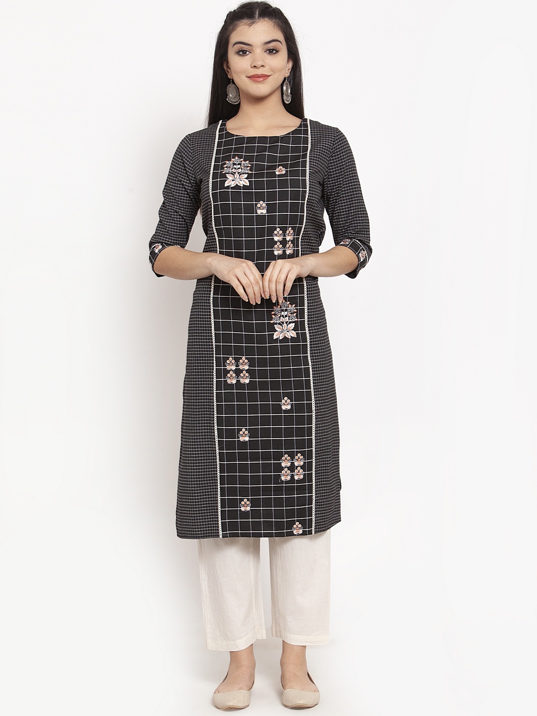 

ANAISA Women Black & White Embroidered Straight Kurta