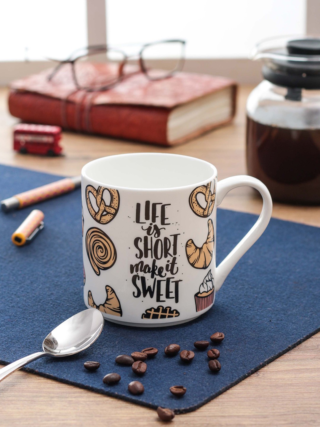

CLAY CRAFT Set Of 2 White & Yellow thinkFOOD Graphic Quote Printed Mugs