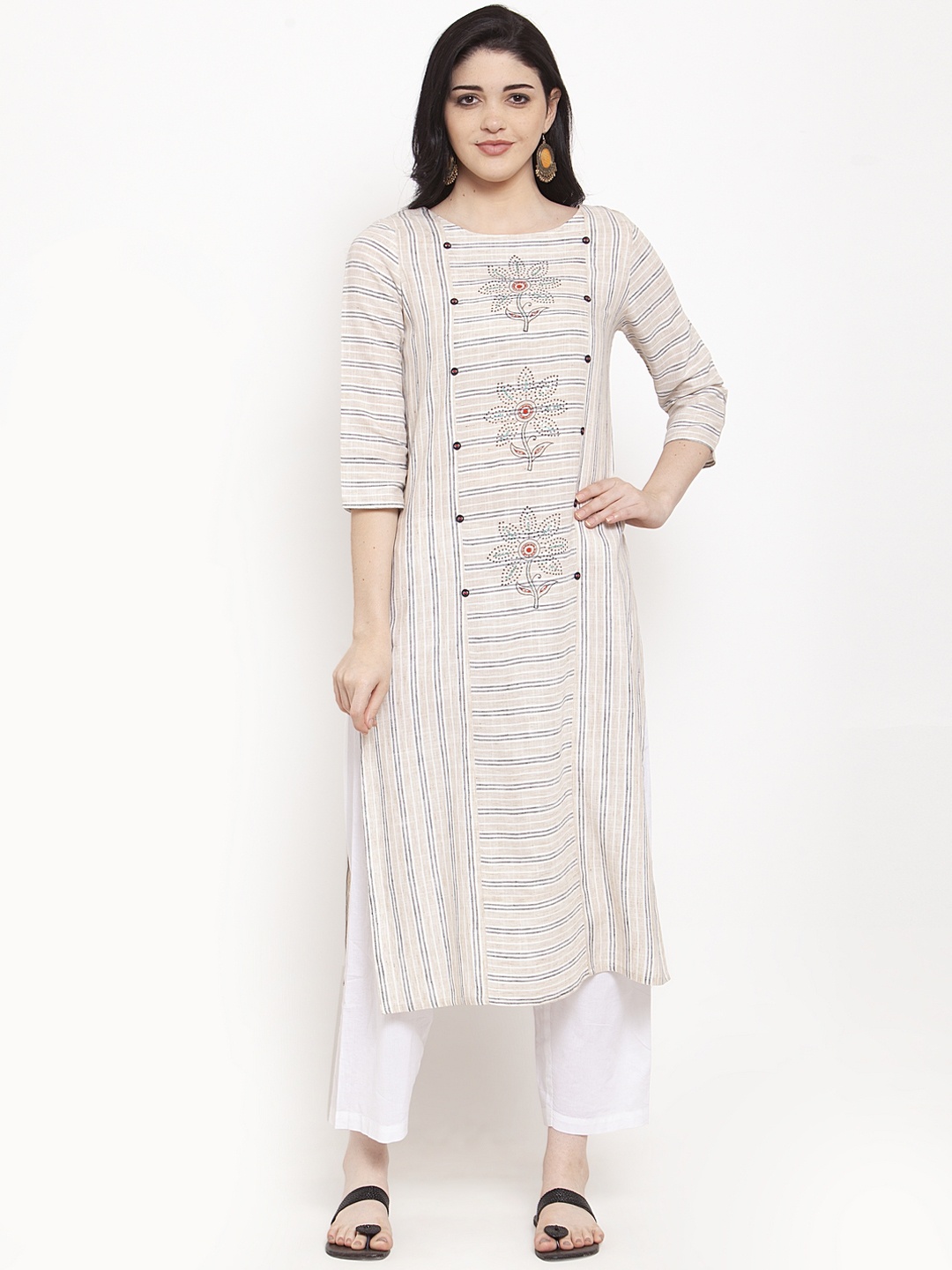 

ANAISA Women Off-White Striped Straight Kurta